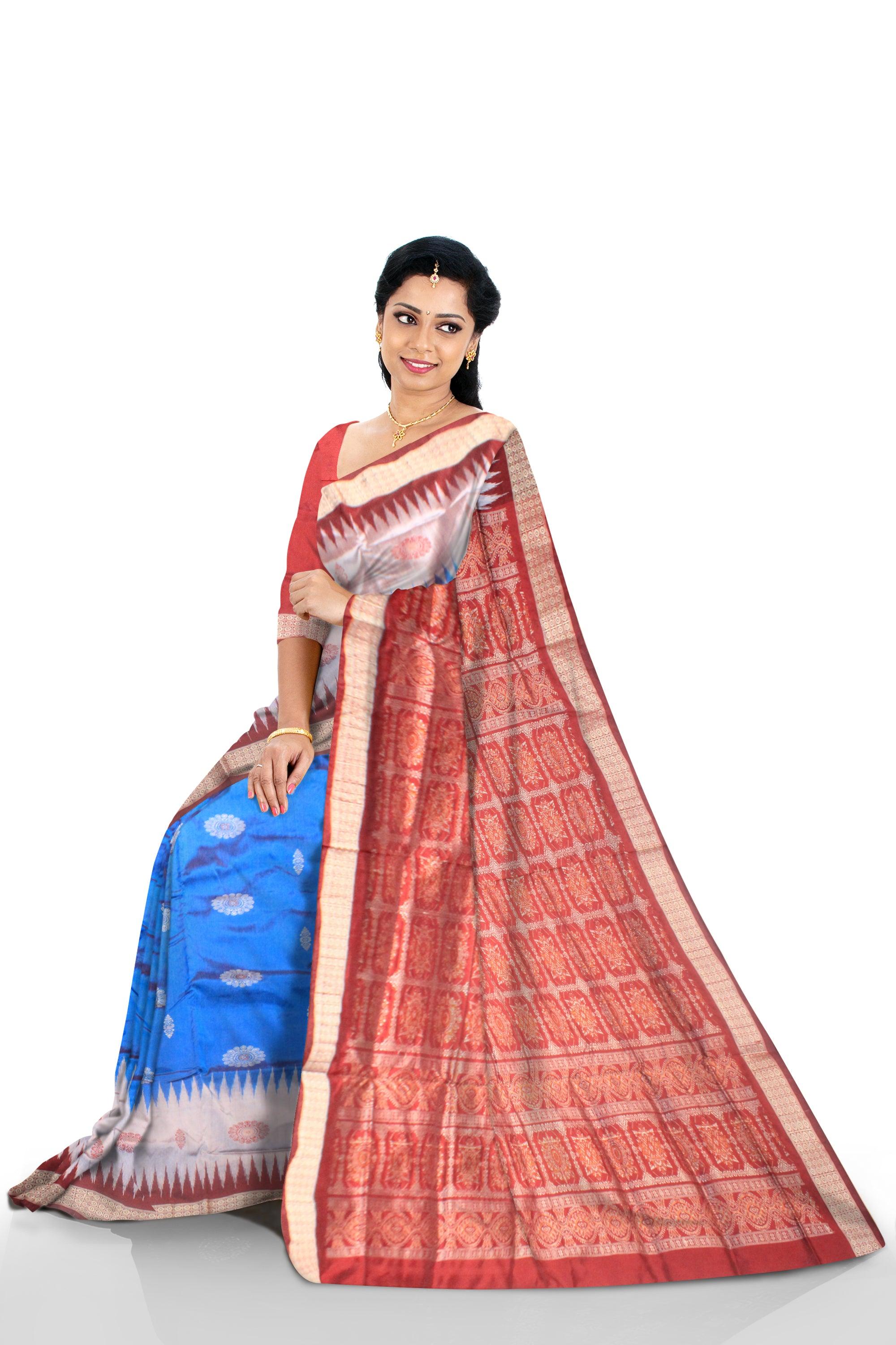 A sambalpuri pata saree is maroon , dark blue and silver color base, with blouse piece. - Koshali Arts & Crafts Enterprise