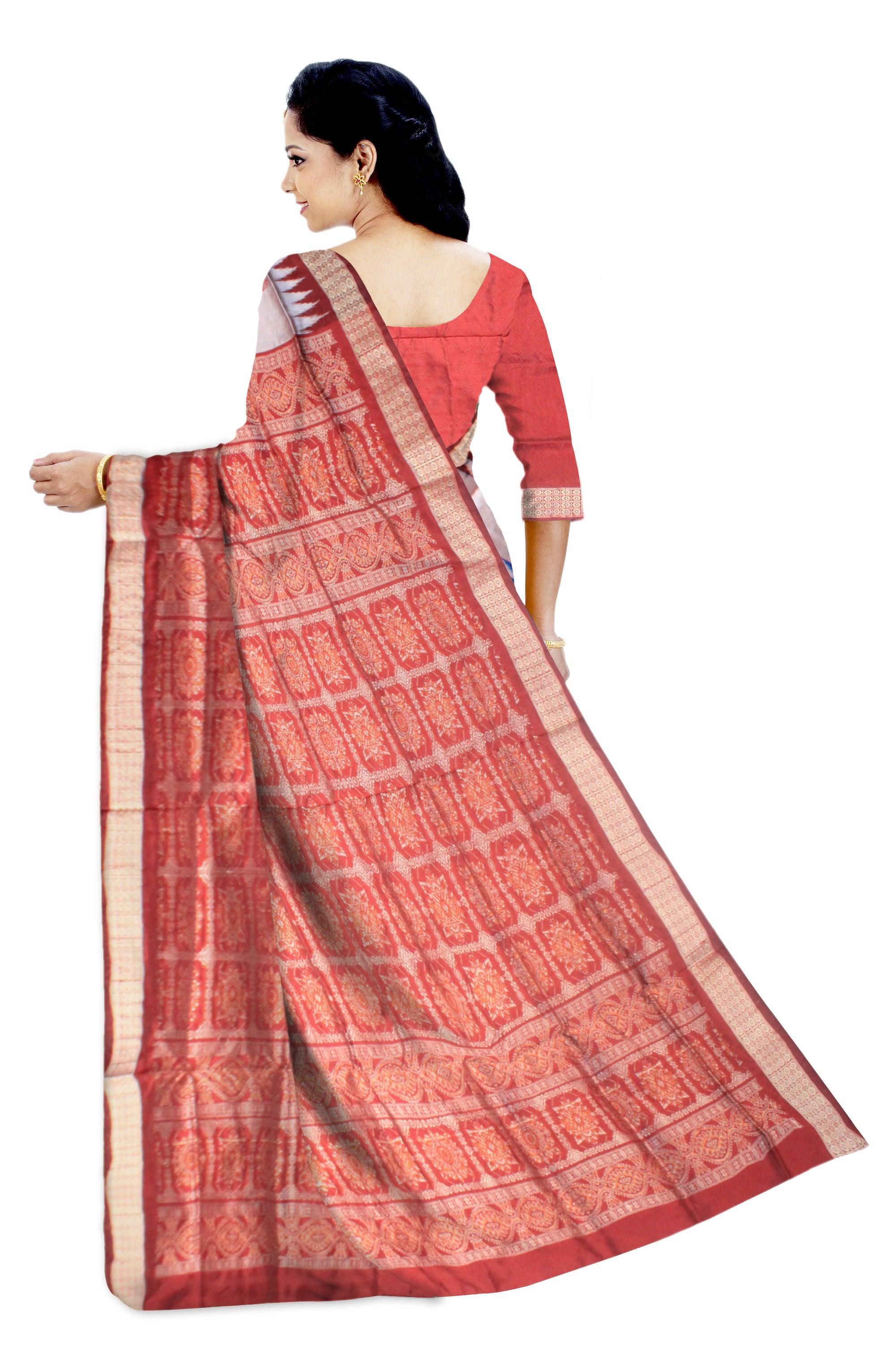 A sambalpuri pata saree is maroon , dark blue and silver color base, with blouse piece. - Koshali Arts & Crafts Enterprise