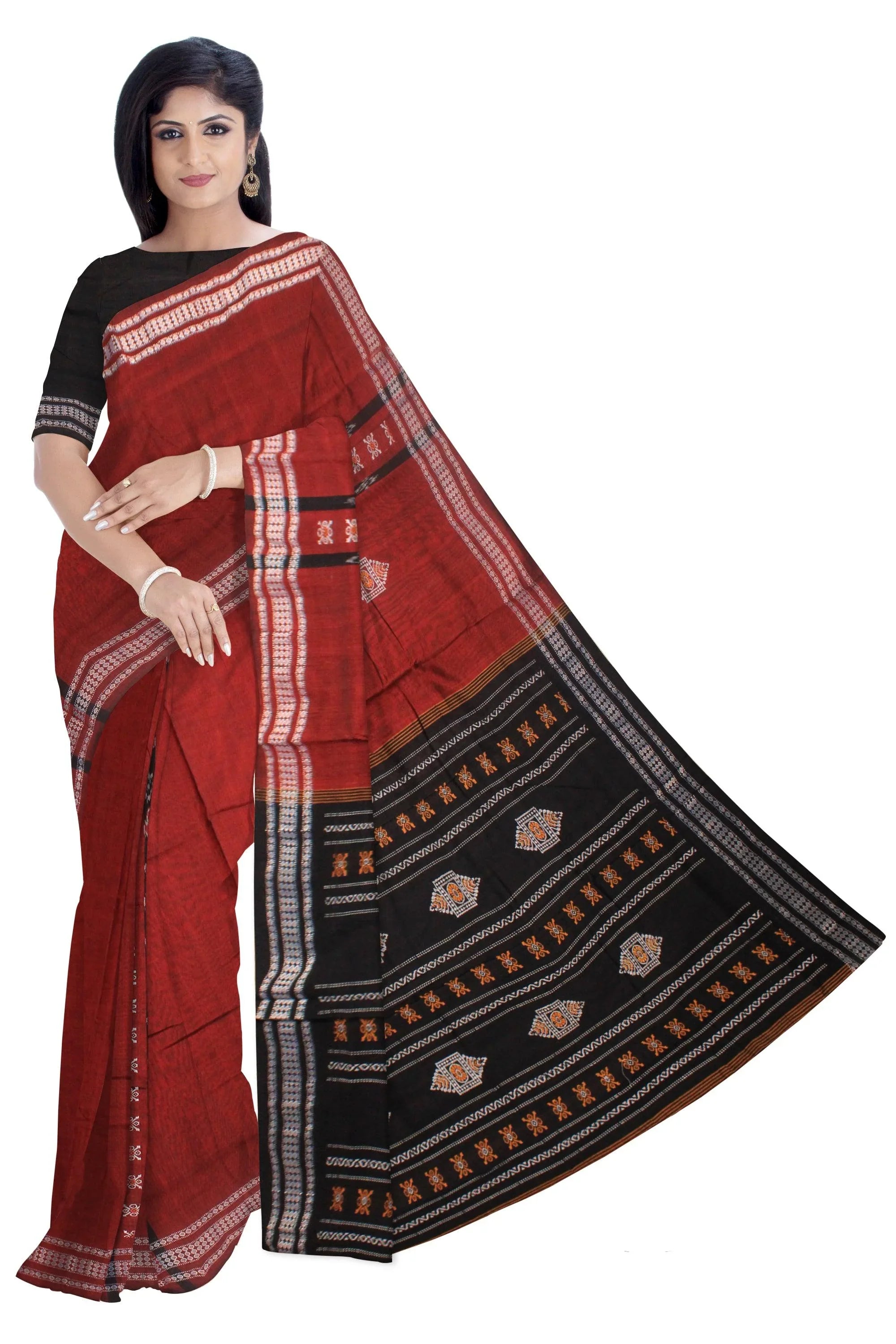 Sambalpuri cotton saree in maroon colour. - Koshali Arts & Crafts Enterprise