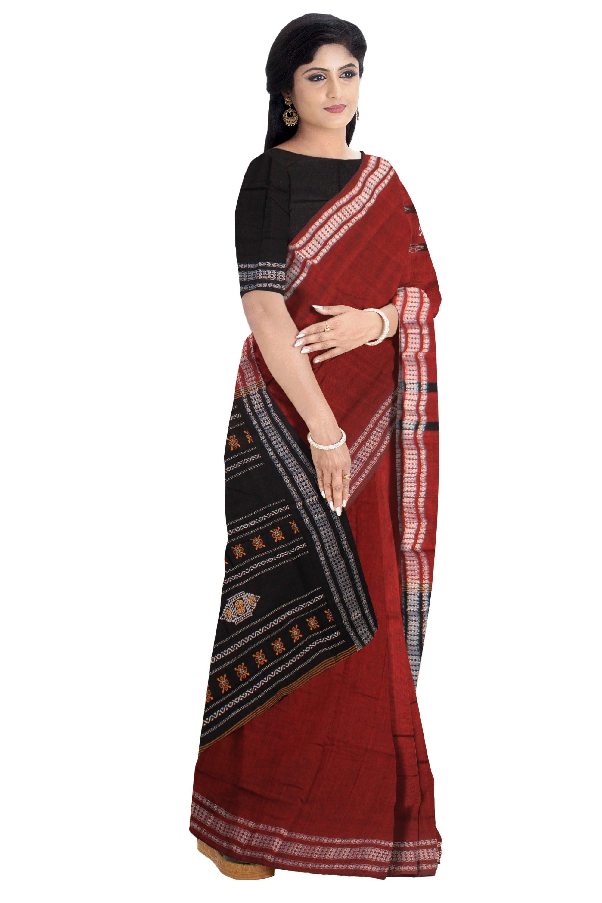 SAMBALPURI COTTON SAREE IN MAROON COLOUR WITH BLOUSE PIECE. - Koshali Arts & Crafts Enterprise