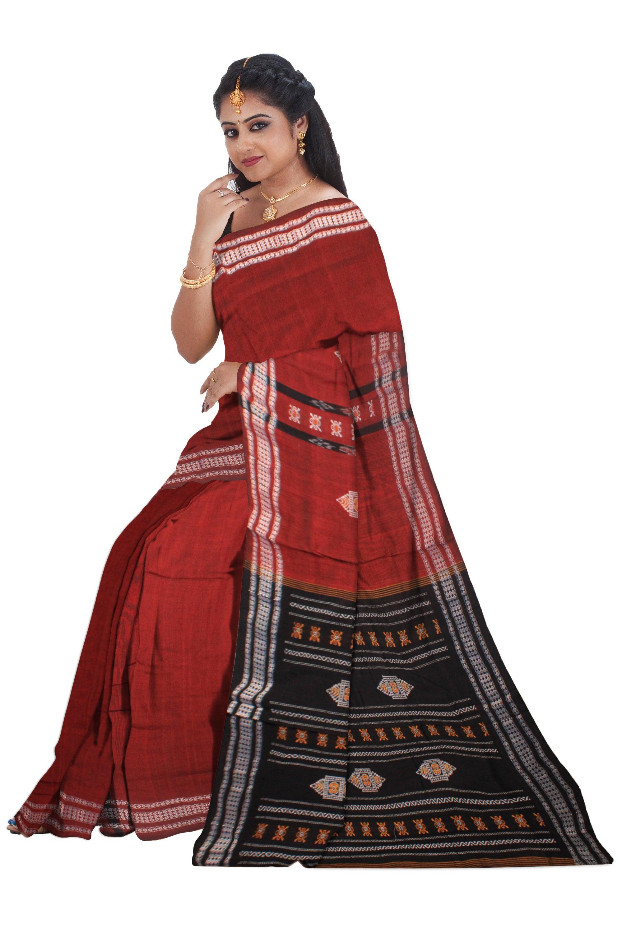 SAMBALPURI COTTON SAREE IN MAROON COLOUR WITH BLOUSE PIECE. - Koshali Arts & Crafts Enterprise