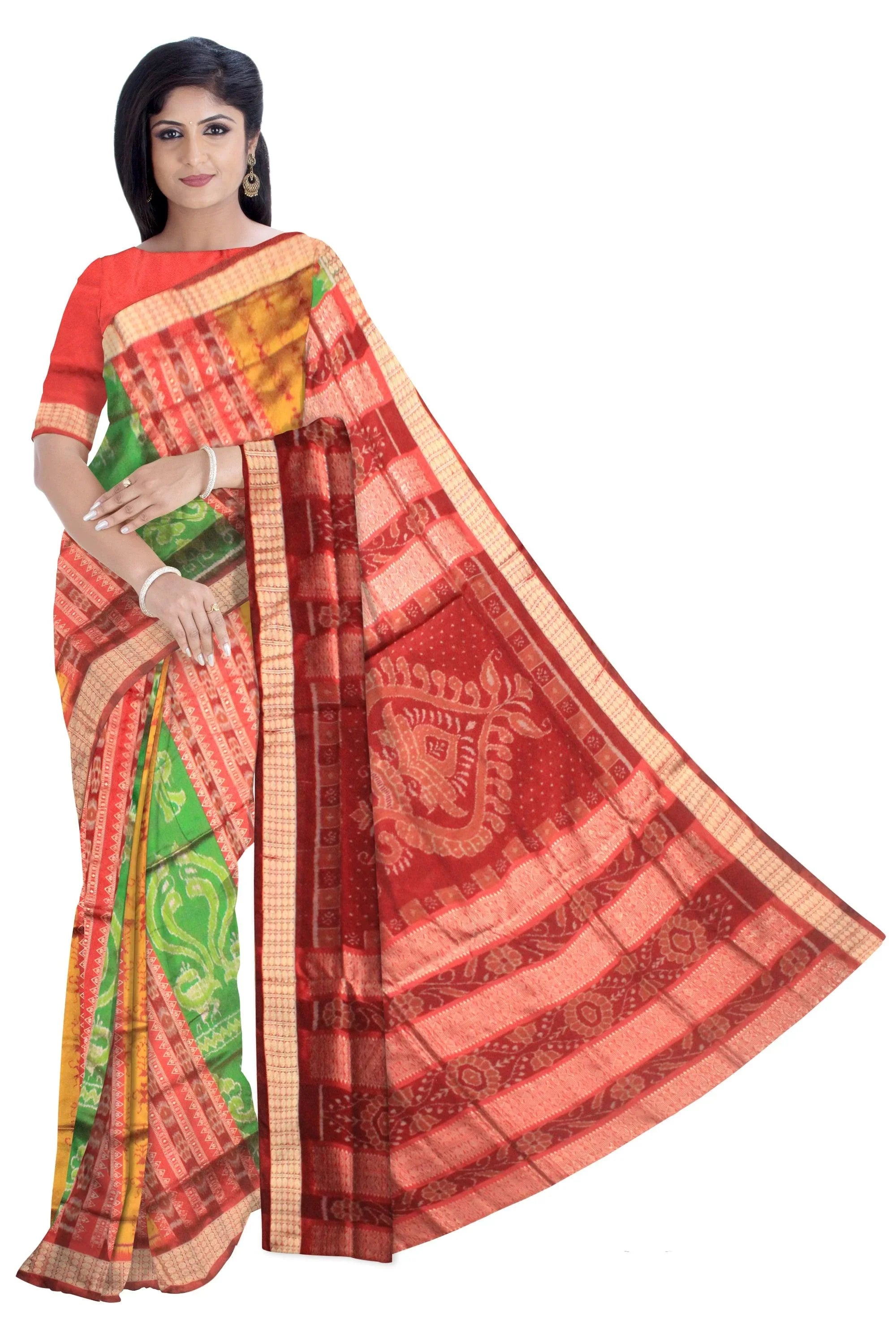 Yellow green & red mixed color Pata Saree. - Koshali Arts & Crafts Enterprise