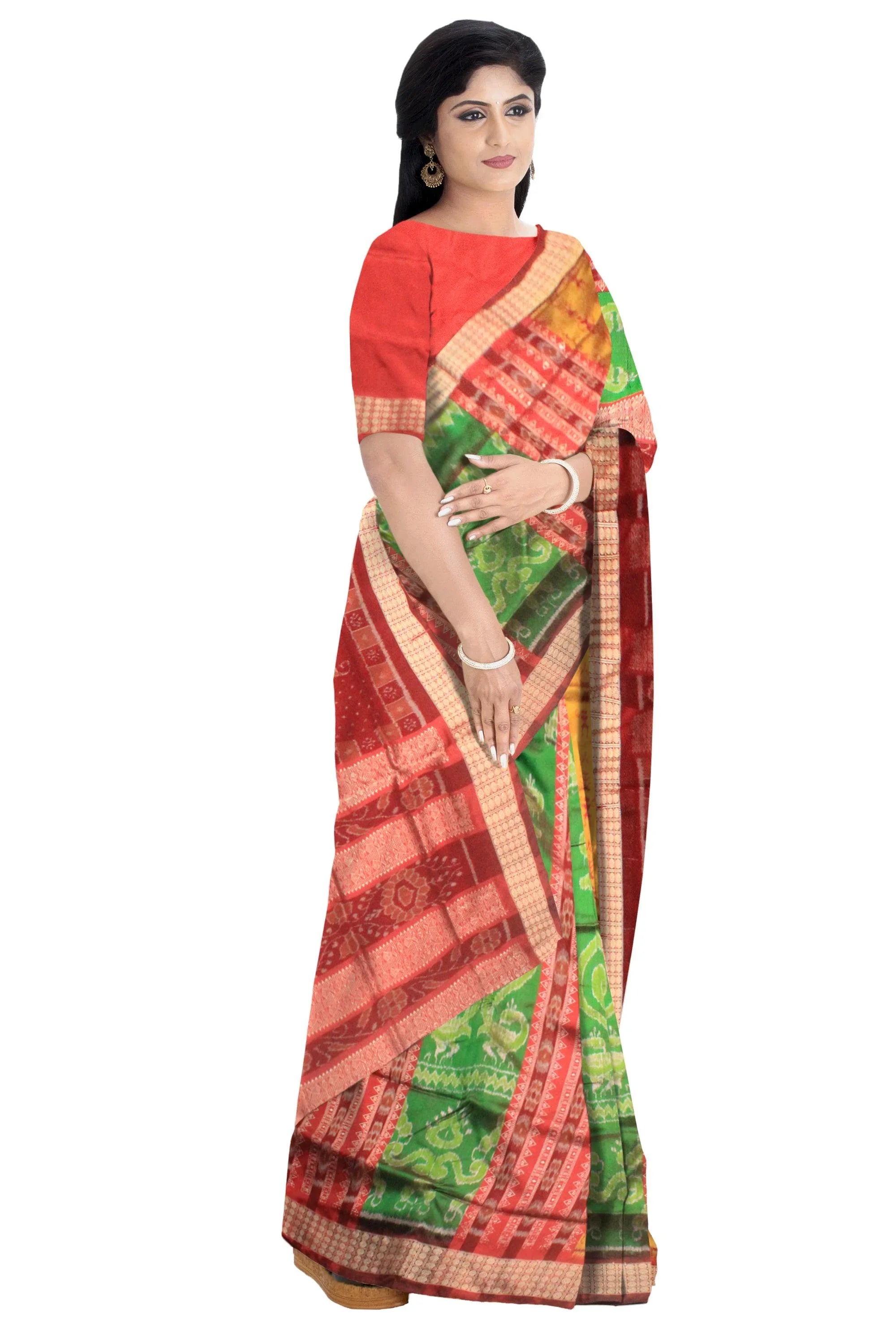 Yellow green & red mixed color Pata Saree. - Koshali Arts & Crafts Enterprise