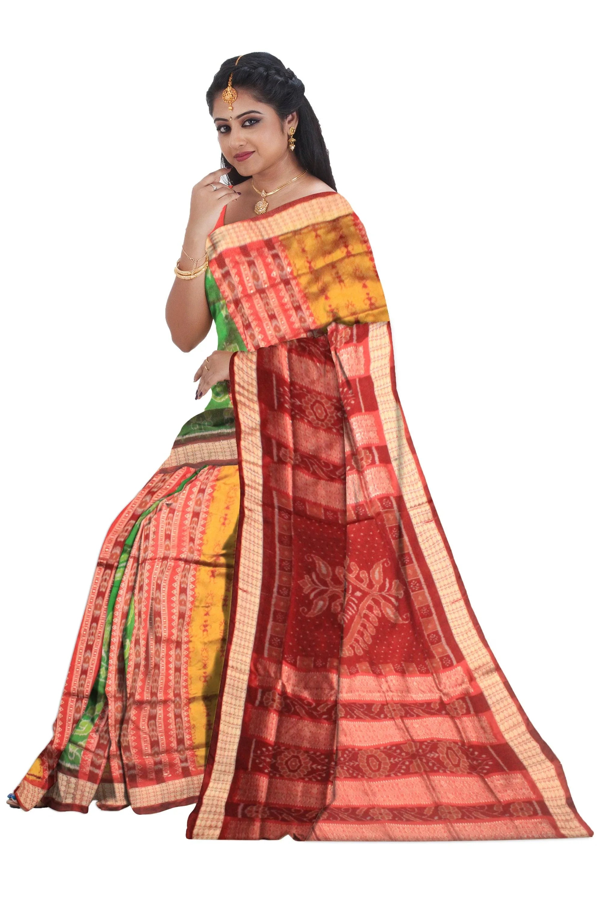 Yellow green & red mixed color Pata Saree. - Koshali Arts & Crafts Enterprise