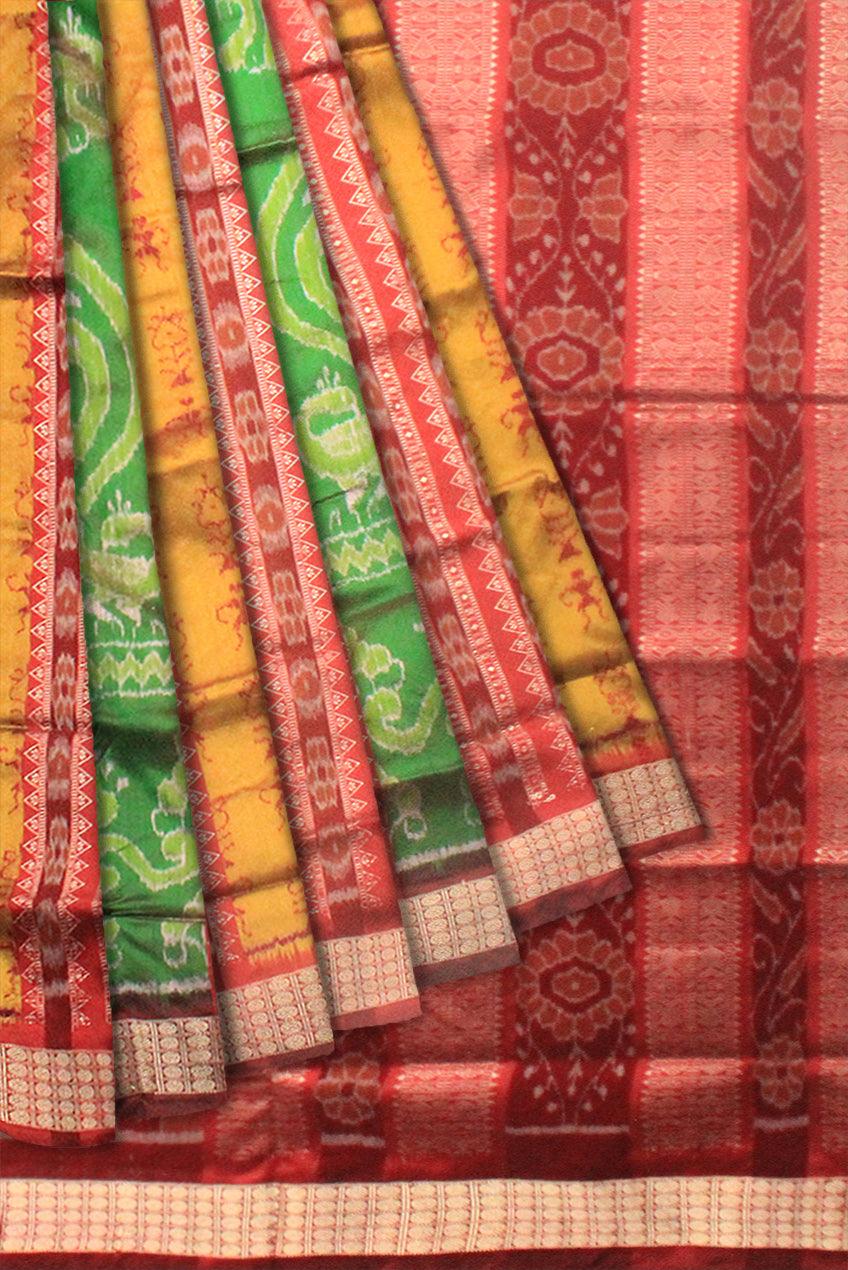 YELLOW GREEN & RED MIXED COLOR PATA SAREE WITH BLOUSE PIECE. - Koshali Arts & Crafts Enterprise