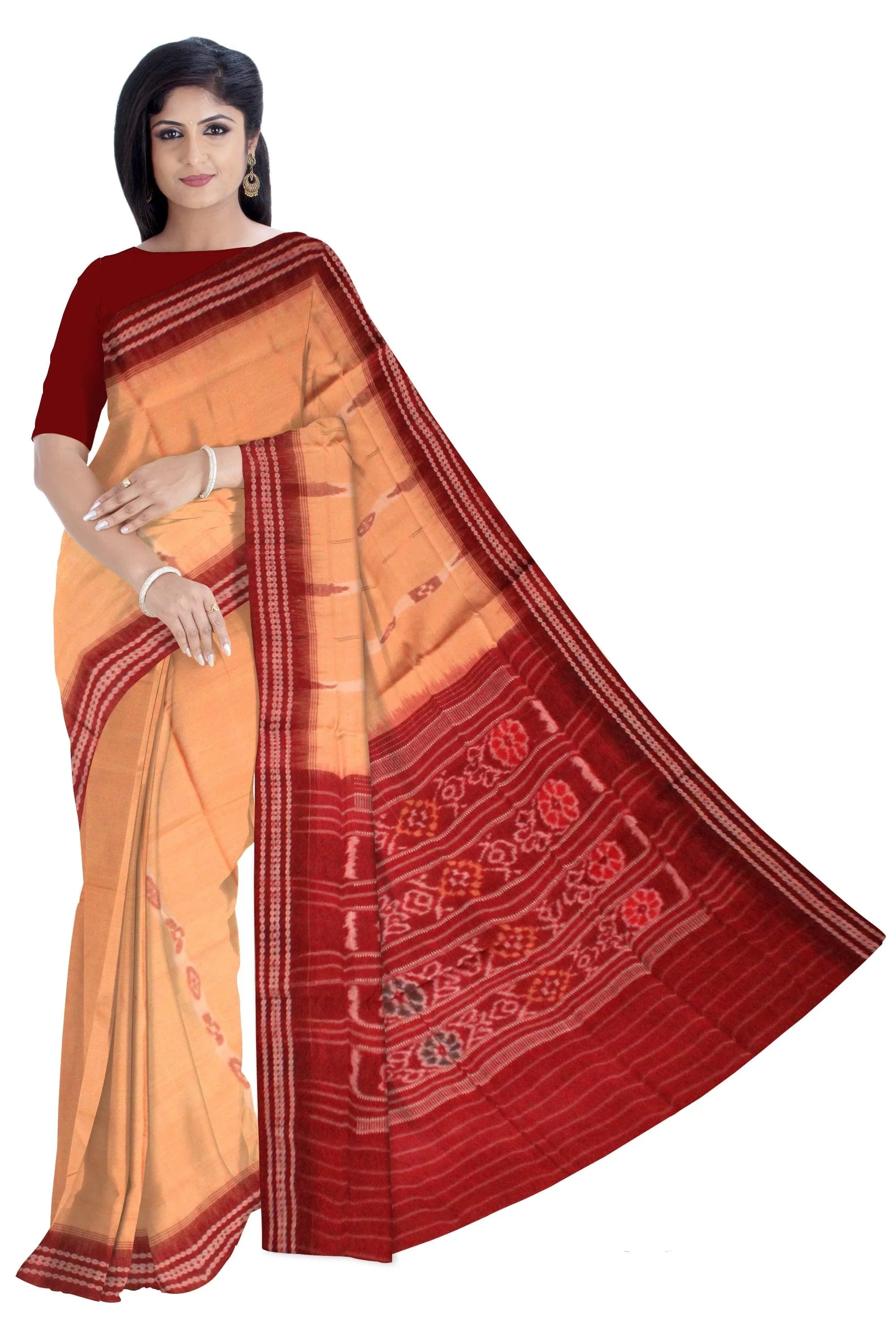 A sambalpuri cotton saree in light yellow color and coffee color base, with out blouse piece. - Koshali Arts & Crafts Enterprise