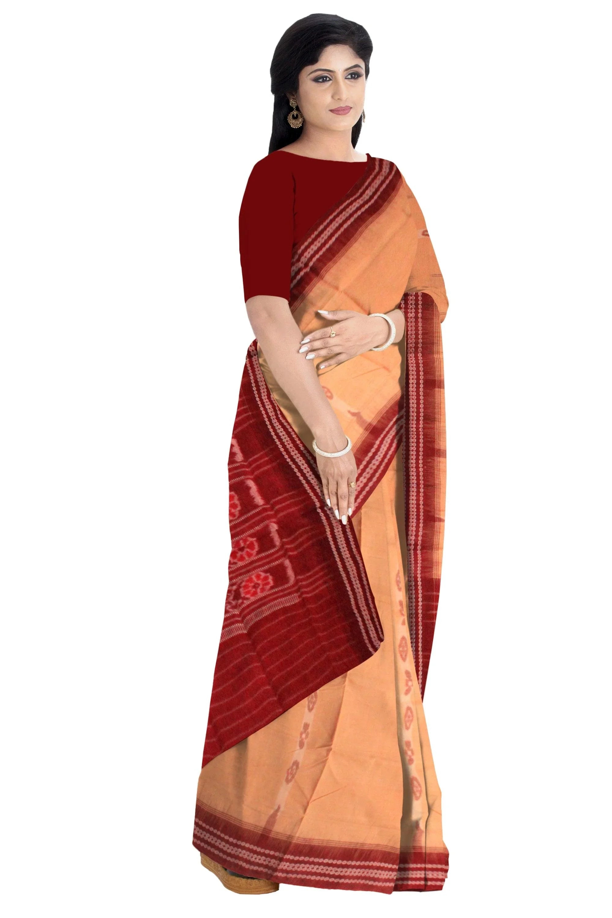 A sambalpuri cotton saree in light yellow color and coffee color base, with out blouse piece. - Koshali Arts & Crafts Enterprise