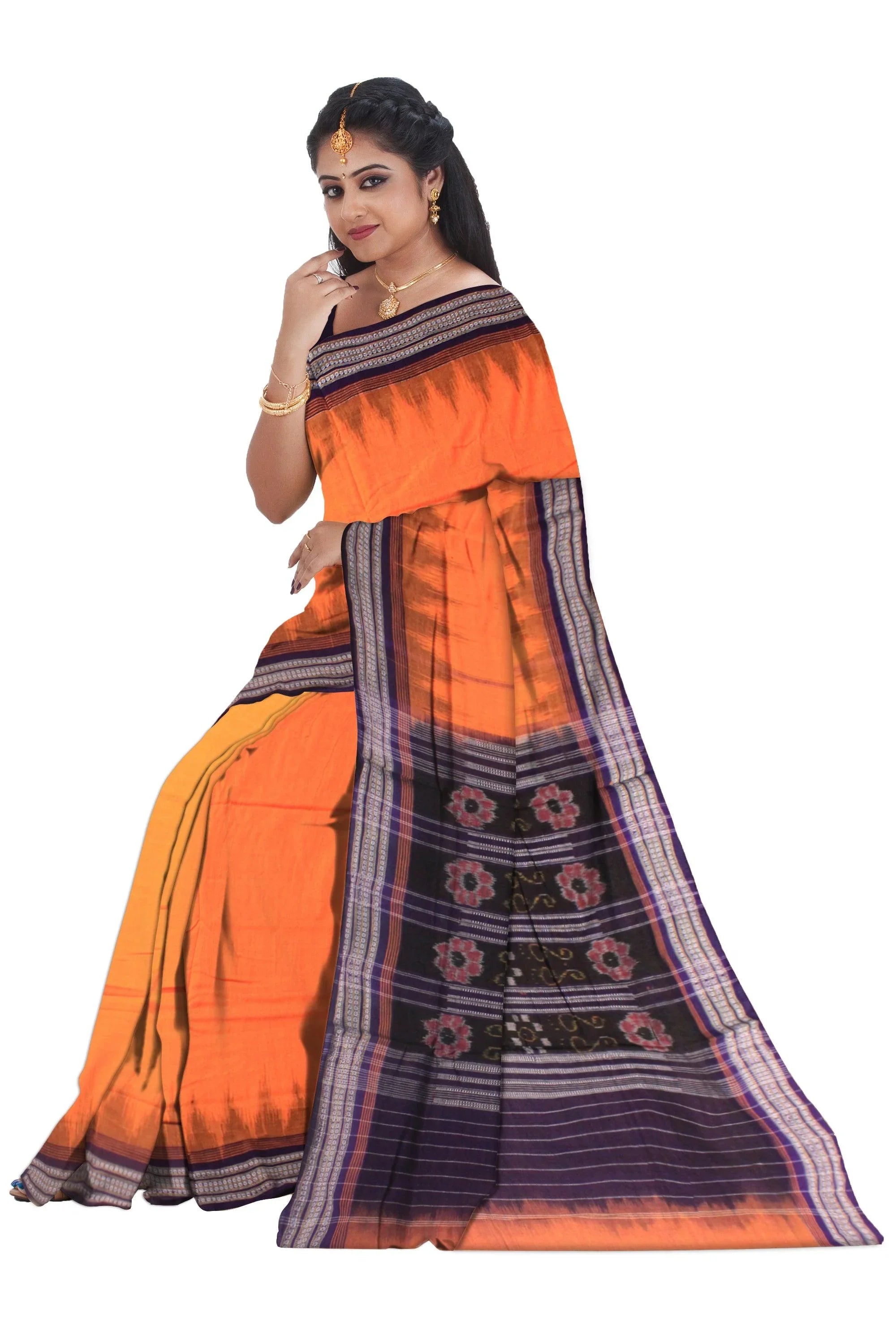 Sambalpuri cotton saree in yellow and purple colour. - Koshali Arts & Crafts Enterprise
