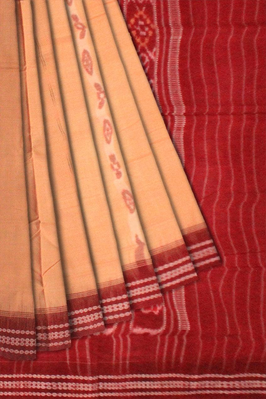 A sambalpuri cotton saree in light yellow color and coffee color base, with out blouse piece. - Koshali Arts & Crafts Enterprise
