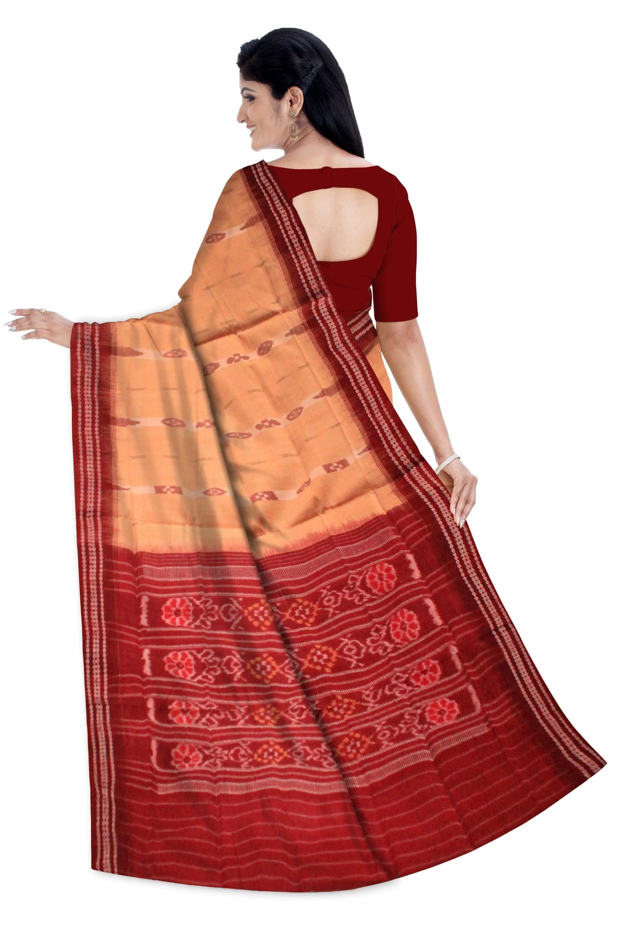 A sambalpuri cotton saree in light yellow color and coffee color base, with out blouse piece. - Koshali Arts & Crafts Enterprise