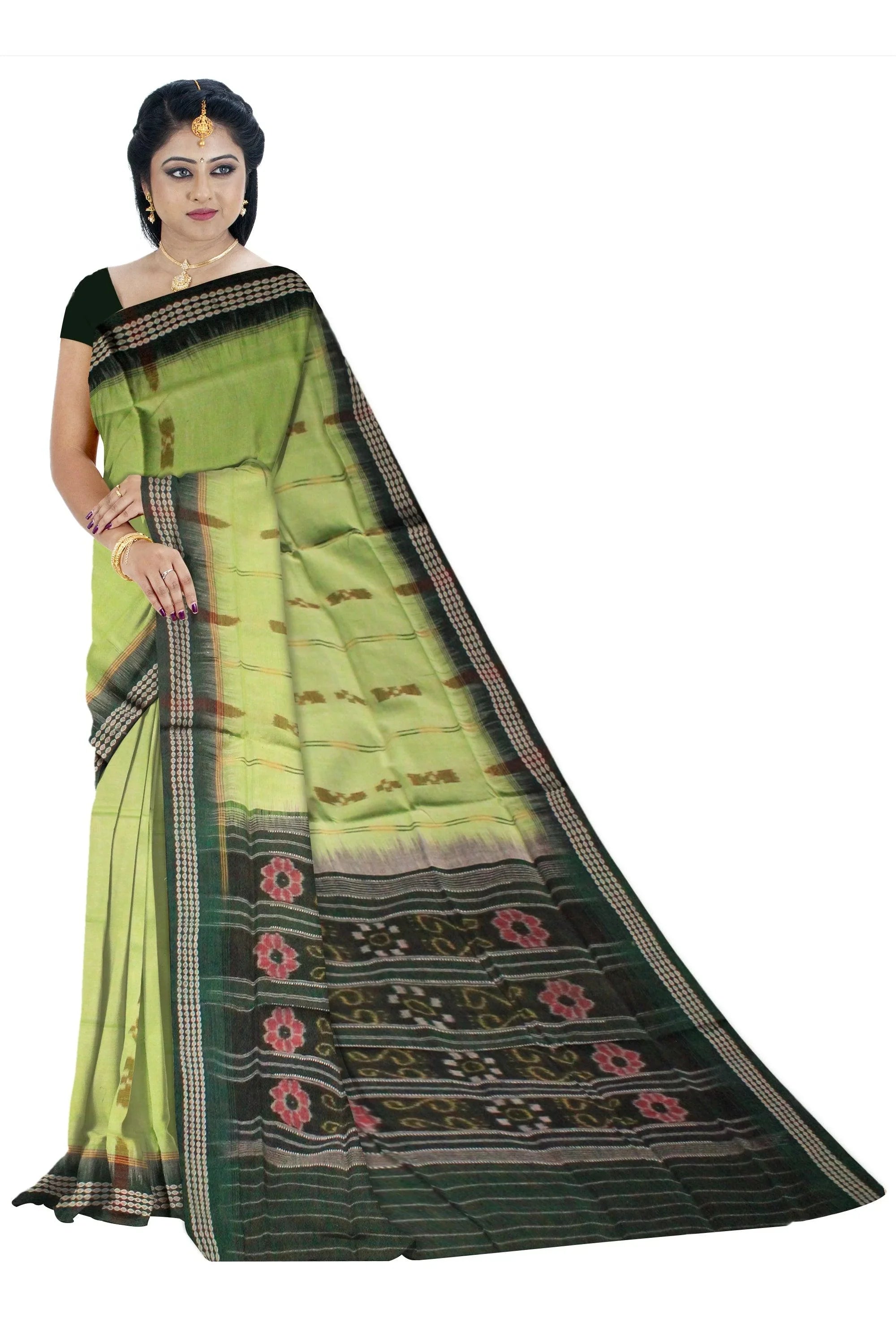 A sambalpuri cotton saree in light green color and dark green color base. Without blouse. - Koshali Arts & Crafts Enterprise