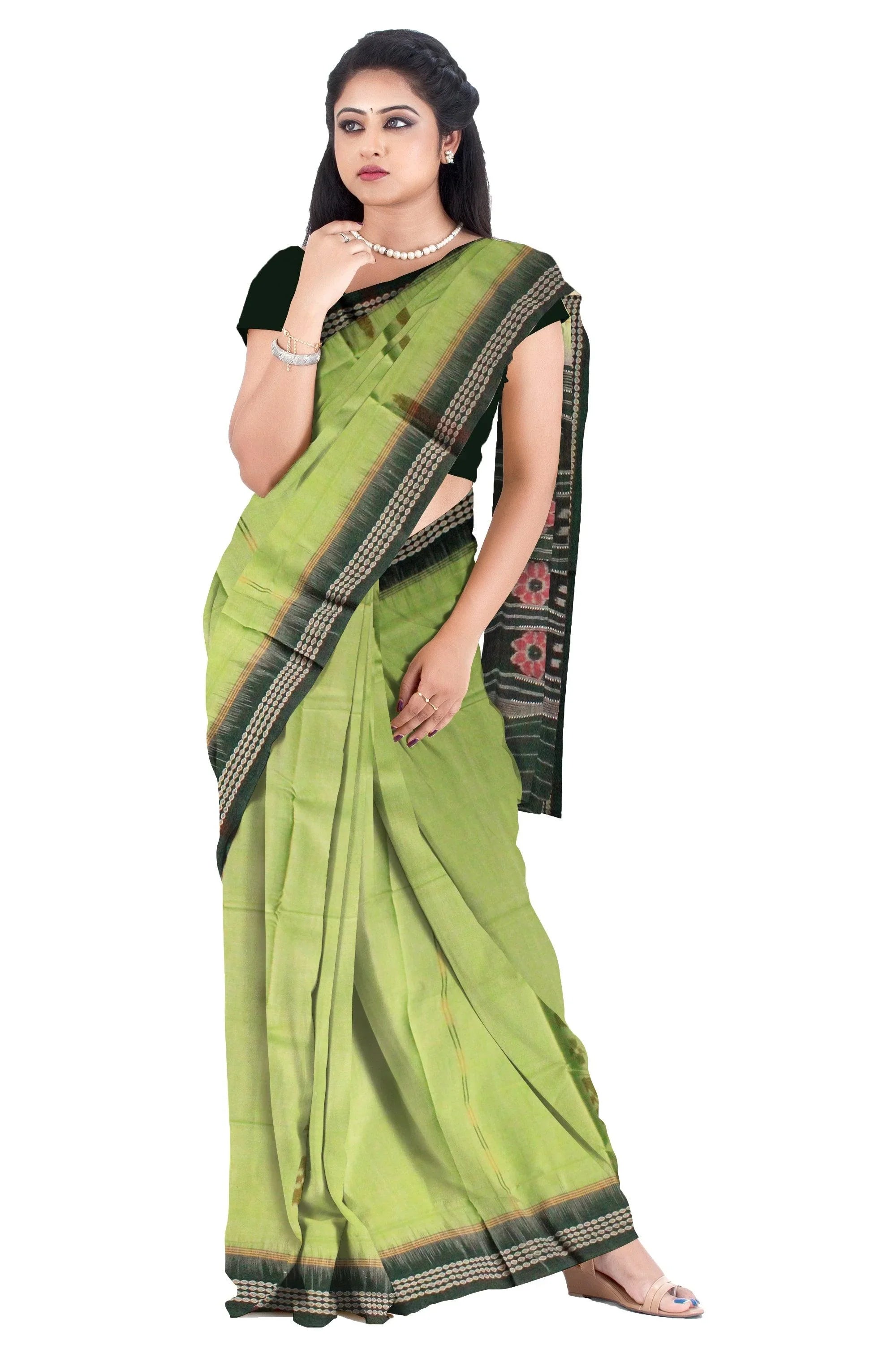 A sambalpuri cotton saree in light green color and dark green color base. Without blouse. - Koshali Arts & Crafts Enterprise