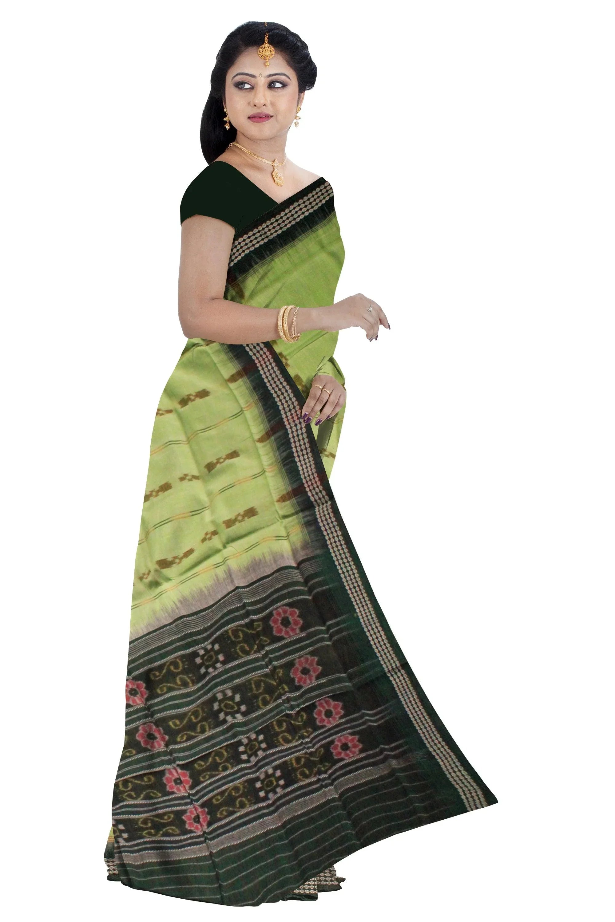 A sambalpuri cotton saree in light green color and dark green color base. Without blouse. - Koshali Arts & Crafts Enterprise