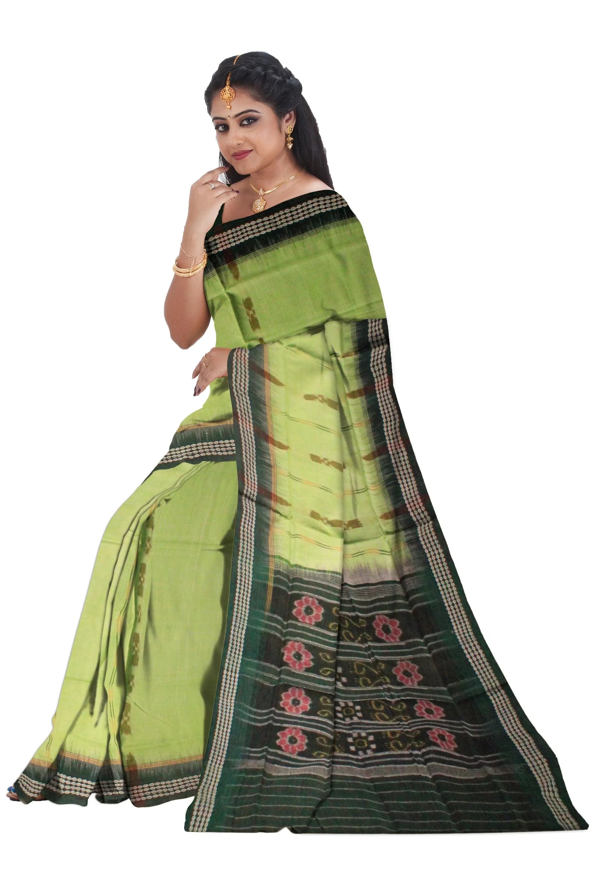 A sambalpuri cotton saree in light green color and dark green color base. Without blouse. - Koshali Arts & Crafts Enterprise