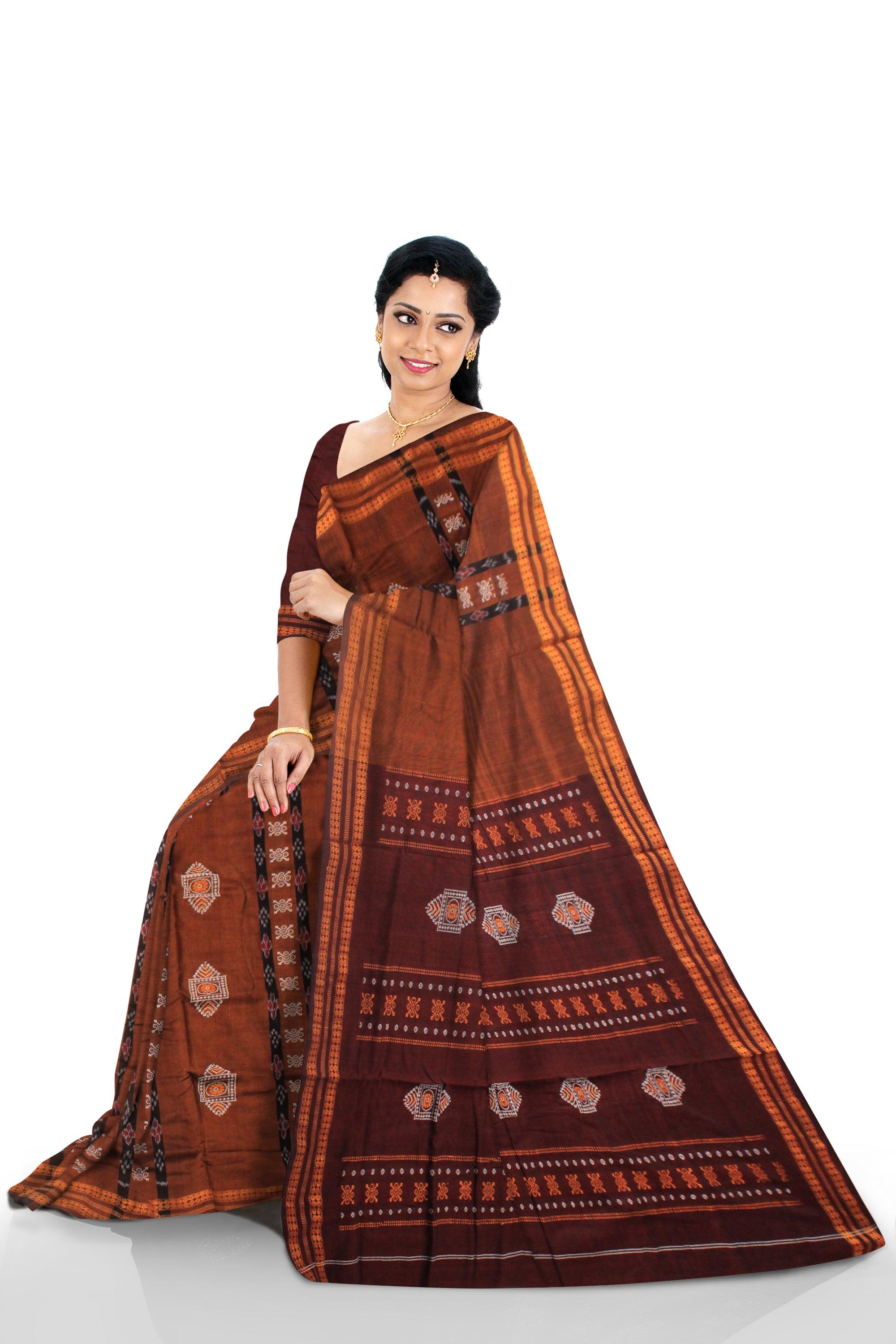 SAMBALPURI COTTON SAREE IN BROWN COLOUR WITH BLOUSE PIECE. - Koshali Arts & Crafts Enterprise