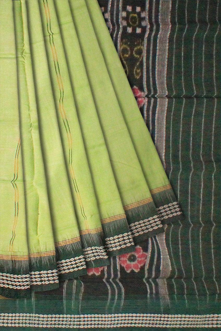 A sambalpuri cotton saree in light green color and dark green color base. Without blouse. - Koshali Arts & Crafts Enterprise
