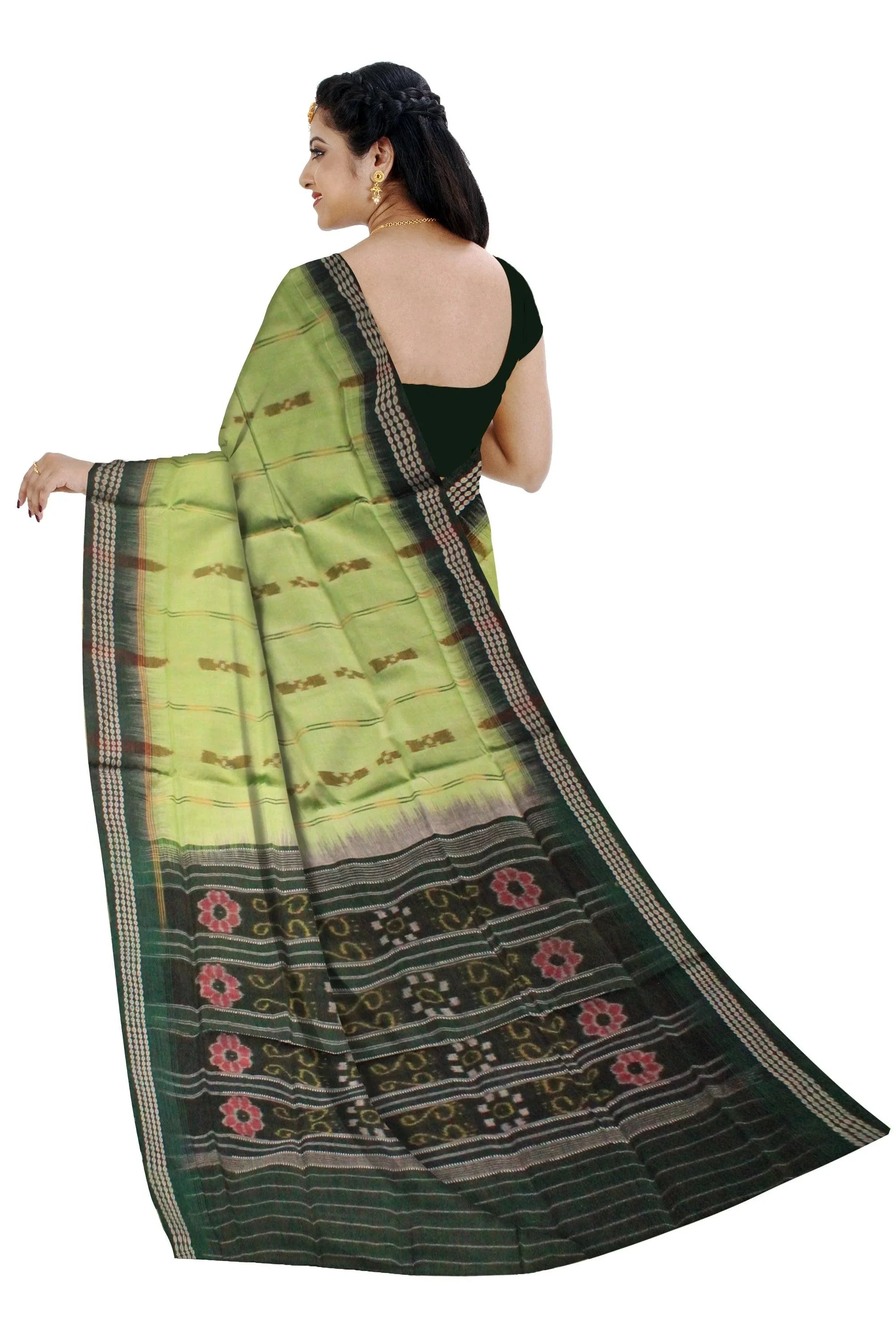 A sambalpuri cotton saree in light green color and dark green color base. Without blouse. - Koshali Arts & Crafts Enterprise