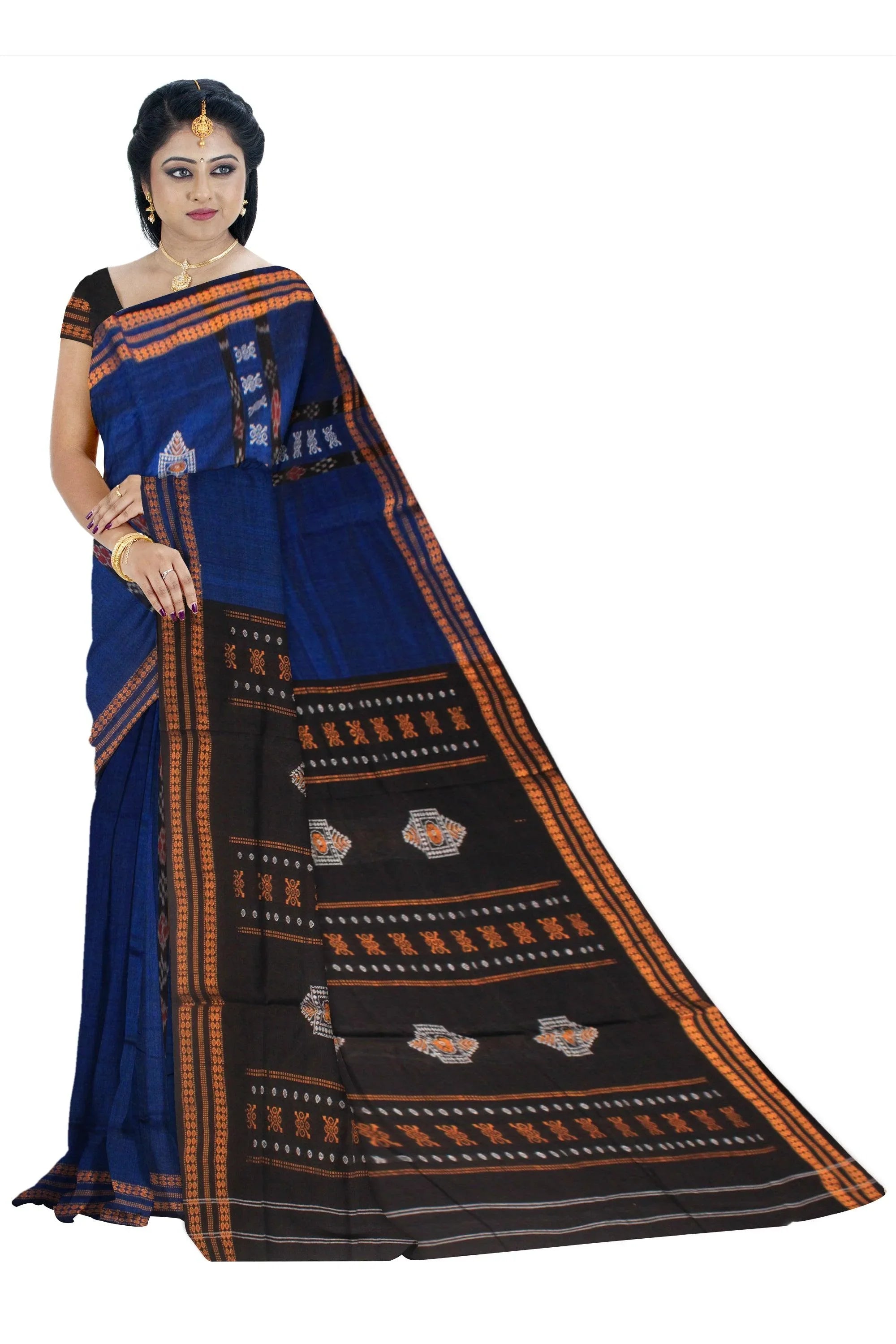 SAMBALPURI COTTON SAREE IN DARK BLUE AND BLACK COLOR WITH BLOUSE PIECE. - Koshali Arts & Crafts Enterprise