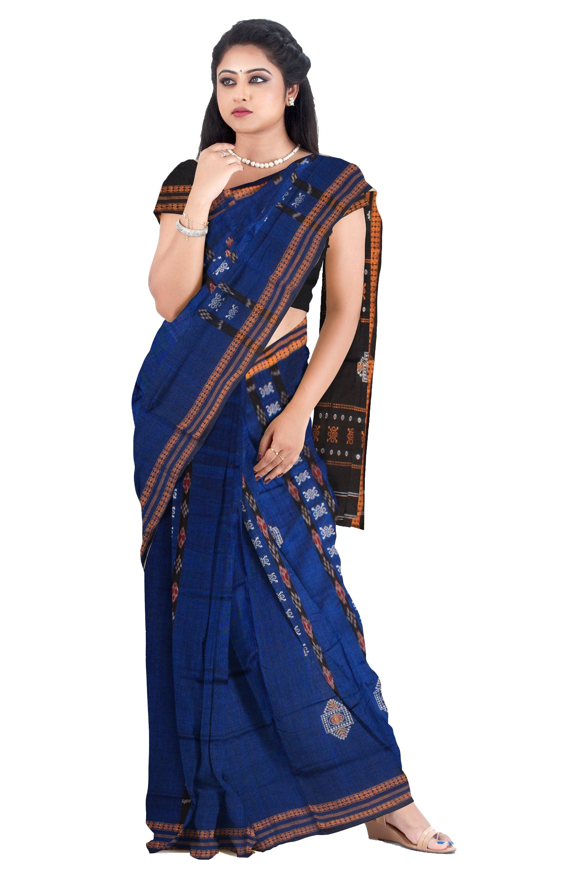 SAMBALPURI COTTON SAREE IN DARK BLUE AND BLACK COLOR WITH BLOUSE PIECE. - Koshali Arts & Crafts Enterprise