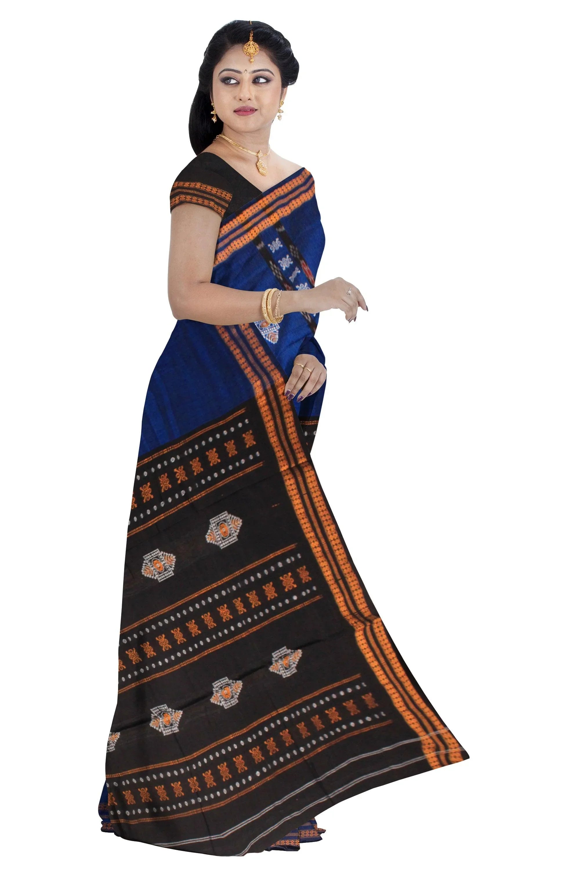 SAMBALPURI COTTON SAREE IN DARK BLUE AND BLACK COLOR WITH BLOUSE PIECE. - Koshali Arts & Crafts Enterprise