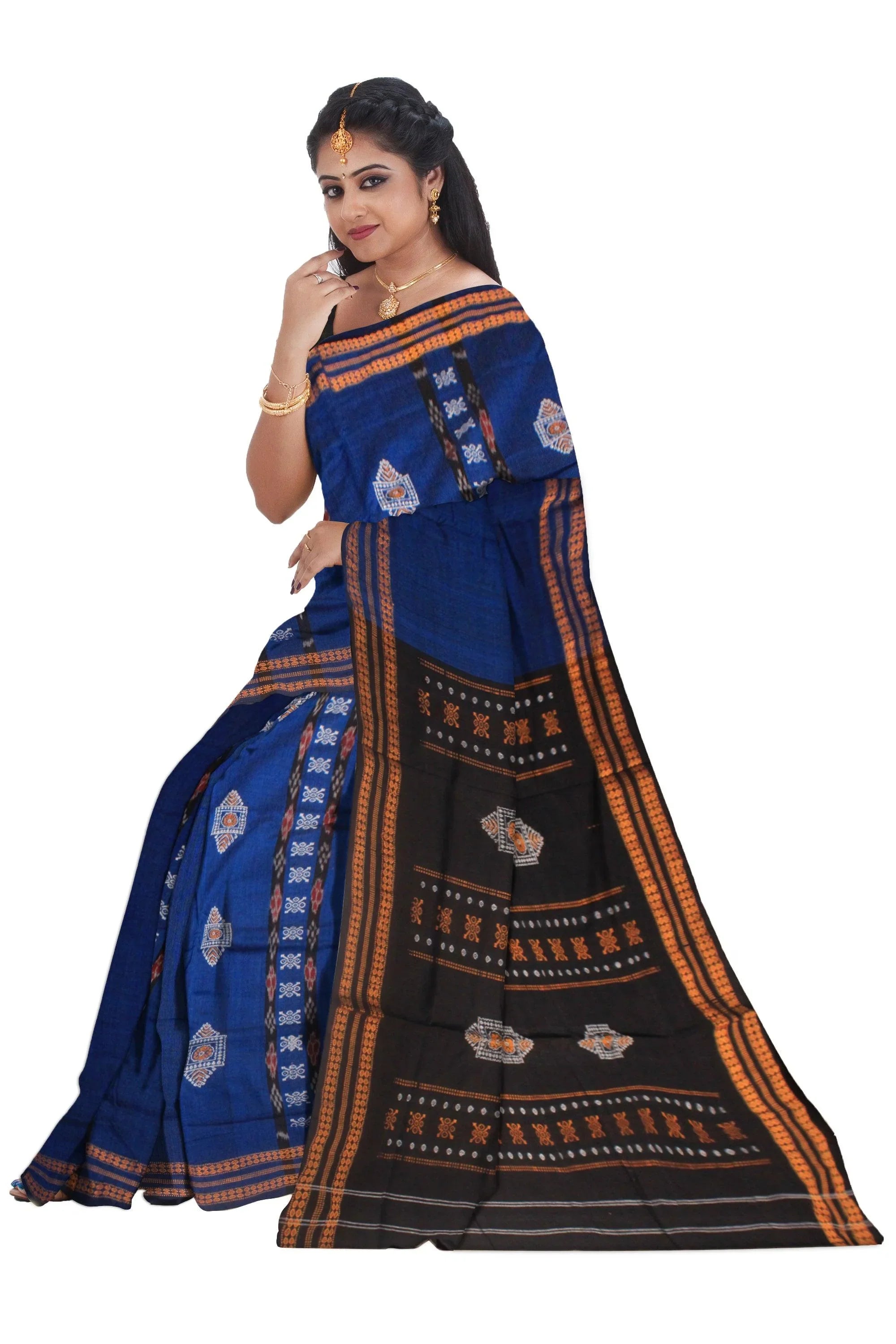 SAMBALPURI COTTON SAREE IN DARK BLUE AND BLACK COLOR WITH BLOUSE PIECE. - Koshali Arts & Crafts Enterprise