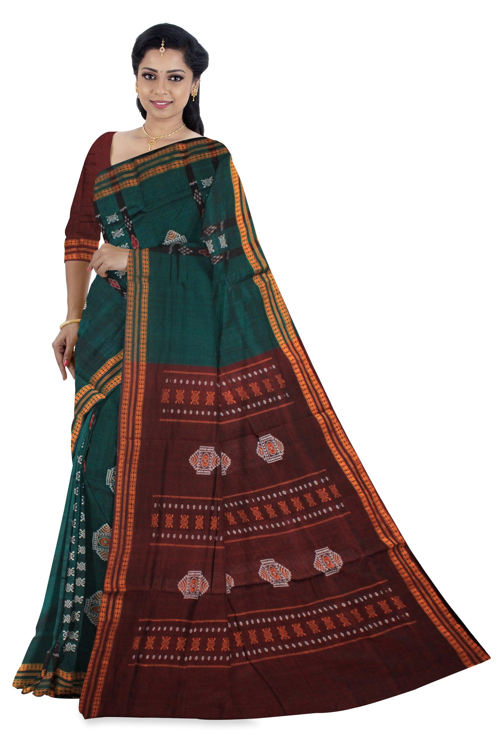 SAMBALPURI BANDHA DESIGN COTTON SAREE IN PERSIAN GREEN AND COFFEE COLOR WITH BLOUSE PIECE. - Koshali Arts & Crafts Enterprise