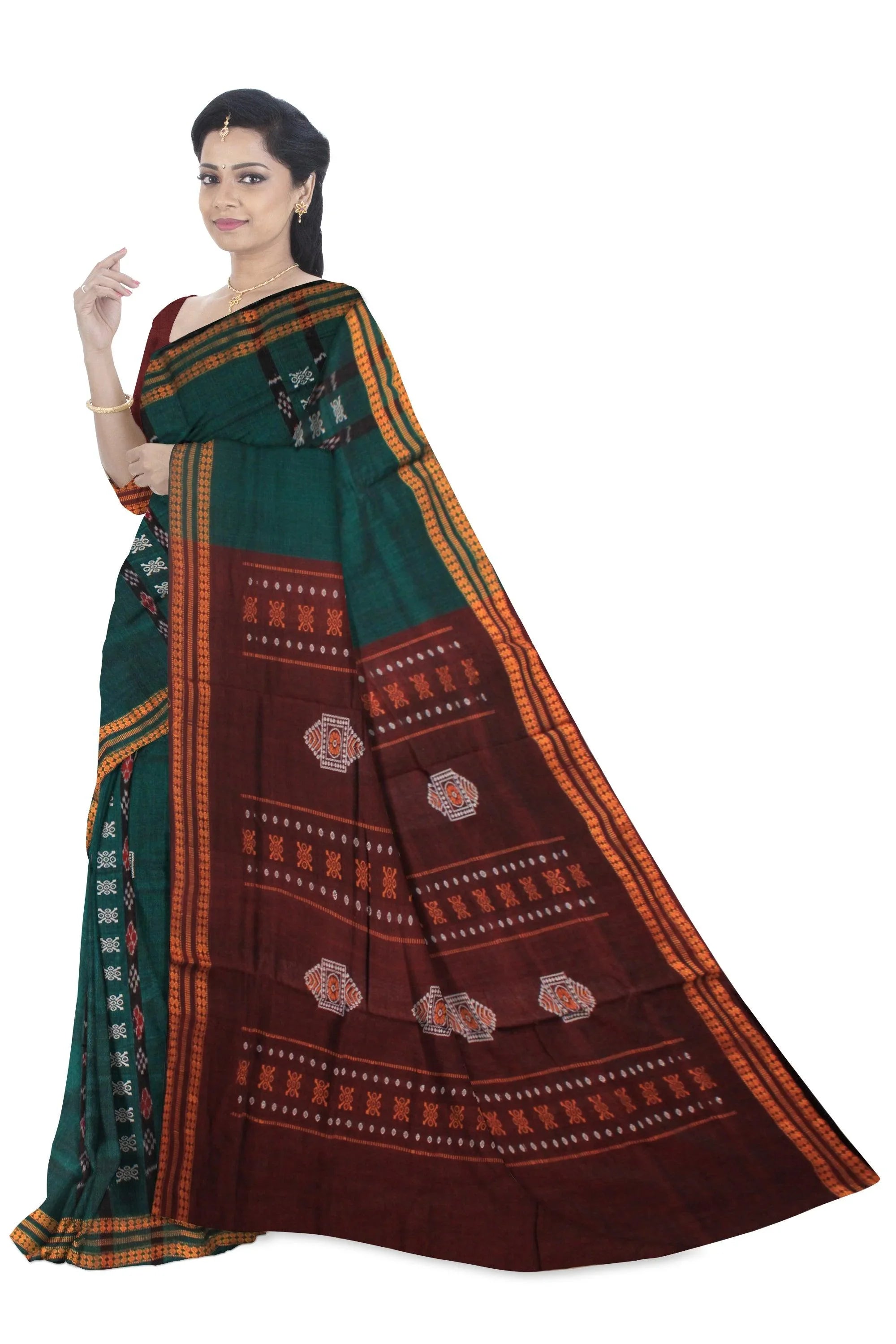 BOMKEI DESIGN COTTON SAREE IN PERSIAN GREEN AND BLACK COLOUR. - Koshali Arts & Crafts Enterprise