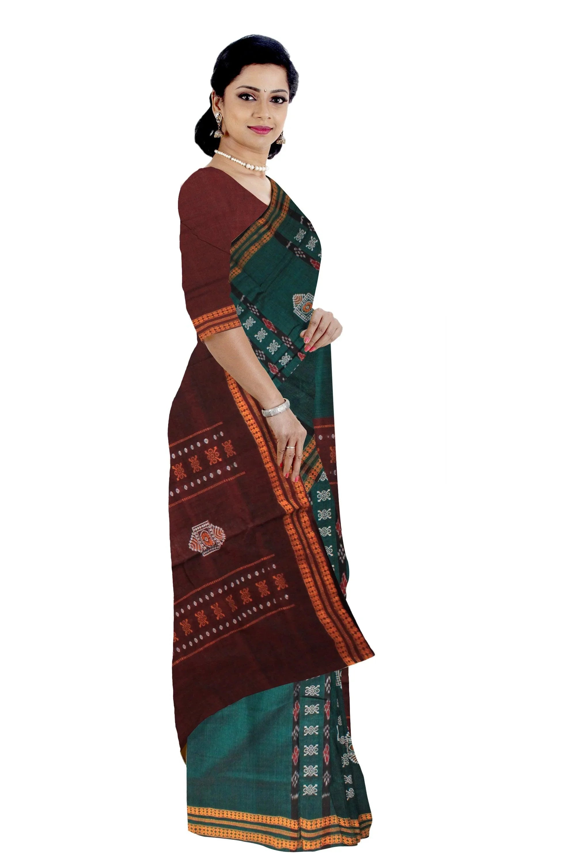 SAMBALPURI BANDHA DESIGN COTTON SAREE IN PERSIAN GREEN AND COFFEE COLOR WITH BLOUSE PIECE. - Koshali Arts & Crafts Enterprise
