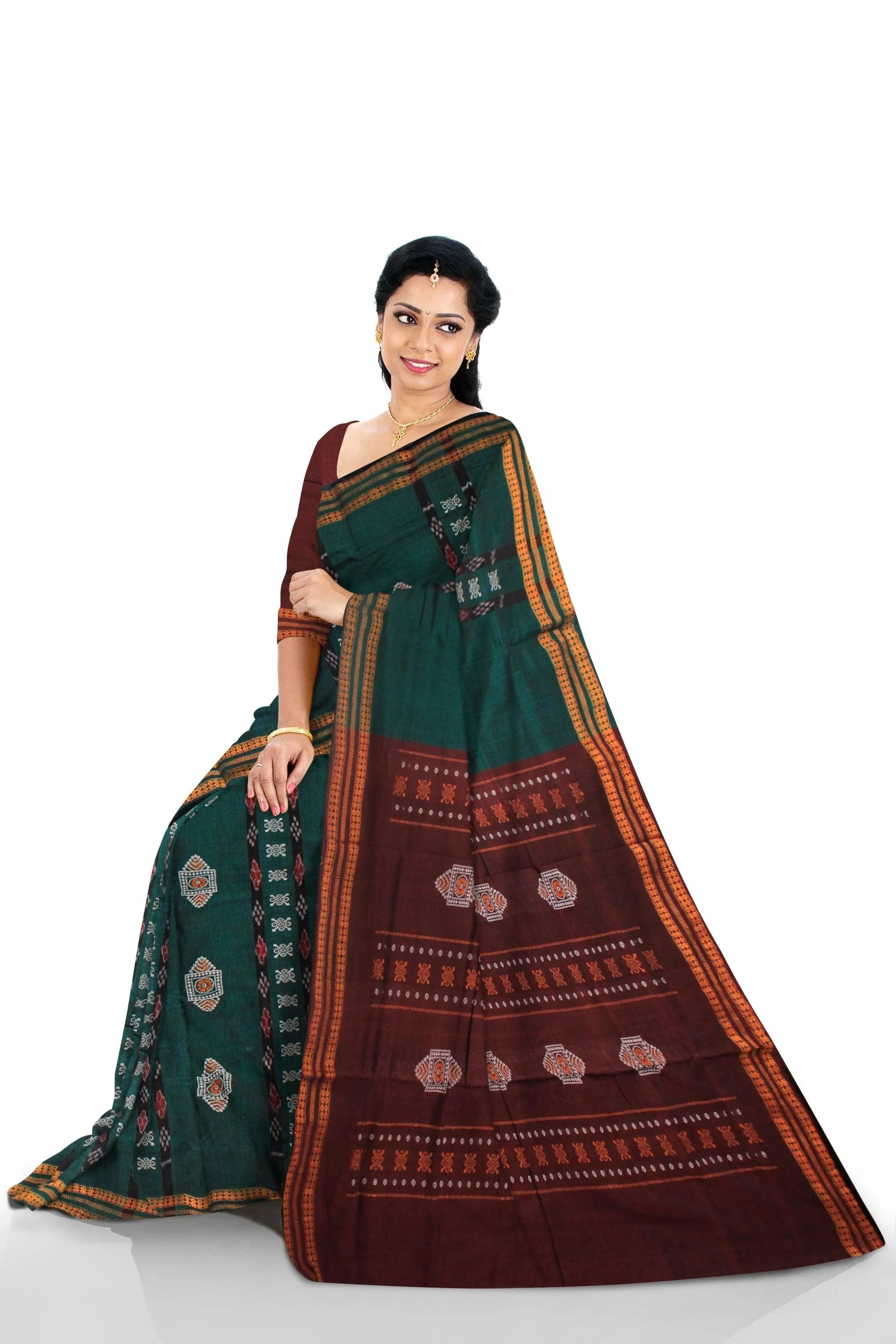 SAMBALPURI BANDHA DESIGN COTTON SAREE IN PERSIAN GREEN AND COFFEE COLOR WITH BLOUSE PIECE. - Koshali Arts & Crafts Enterprise