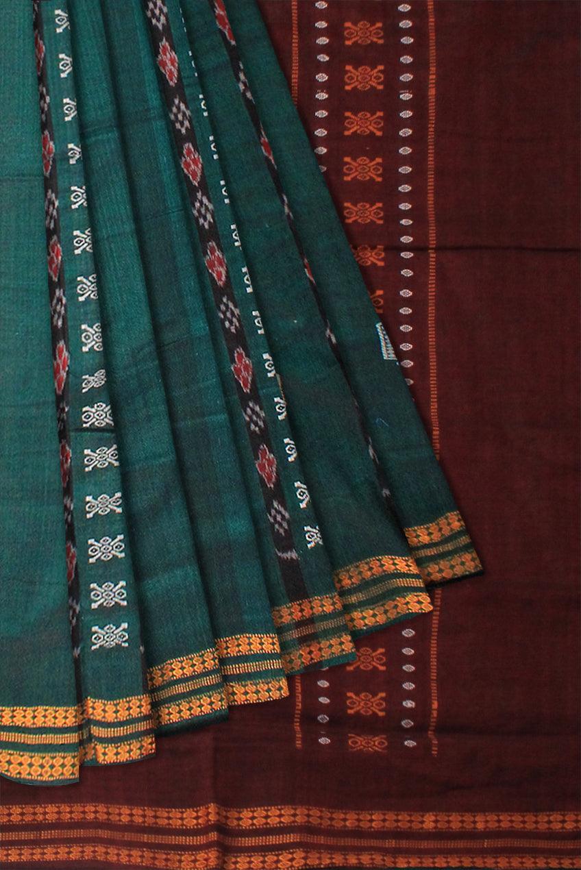 SAMBALPURI BANDHA DESIGN COTTON SAREE IN PERSIAN GREEN AND COFFEE COLOR WITH BLOUSE PIECE. - Koshali Arts & Crafts Enterprise