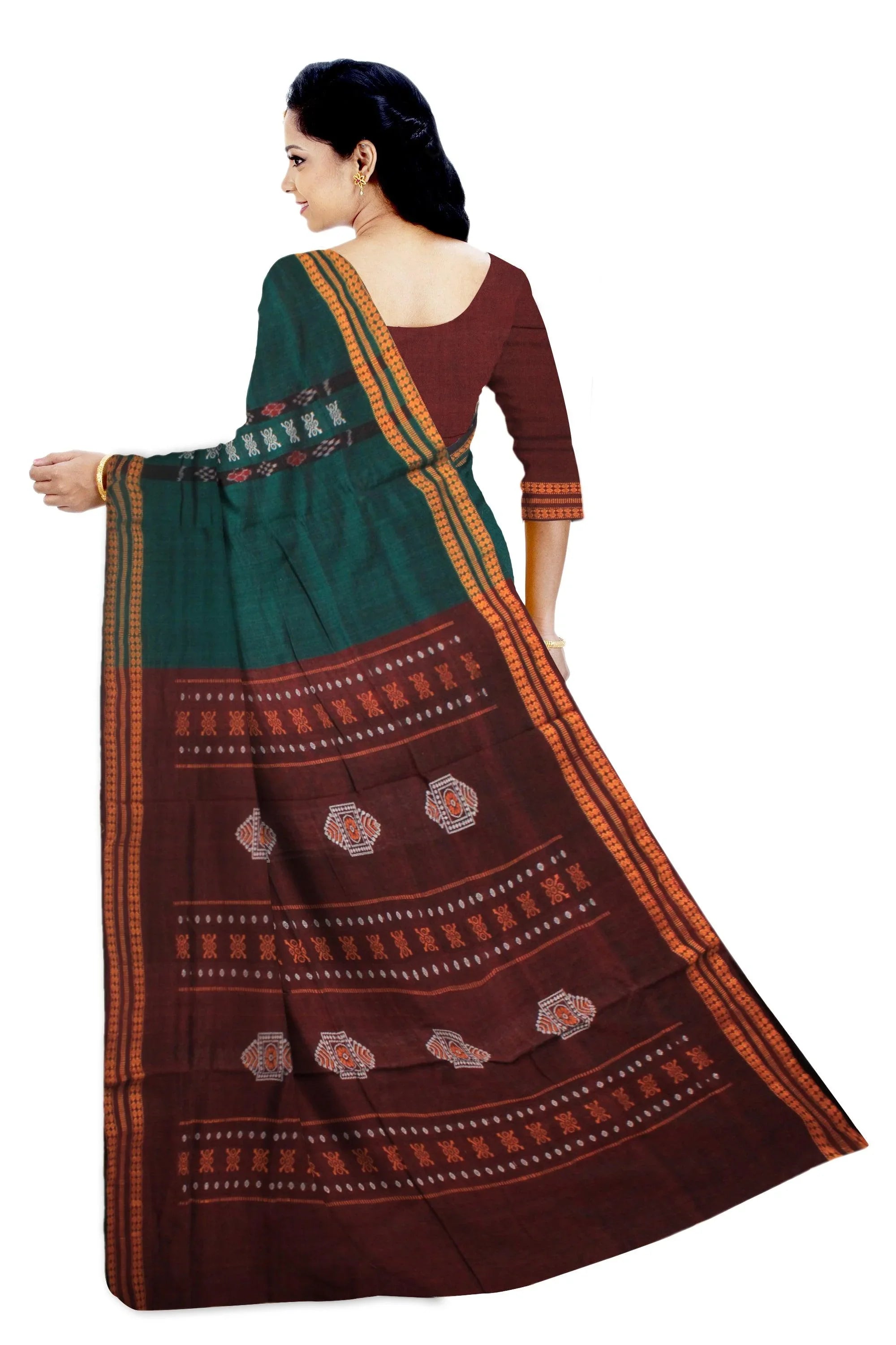 SAMBALPURI BANDHA DESIGN COTTON SAREE IN PERSIAN GREEN AND COFFEE COLOR WITH BLOUSE PIECE. - Koshali Arts & Crafts Enterprise