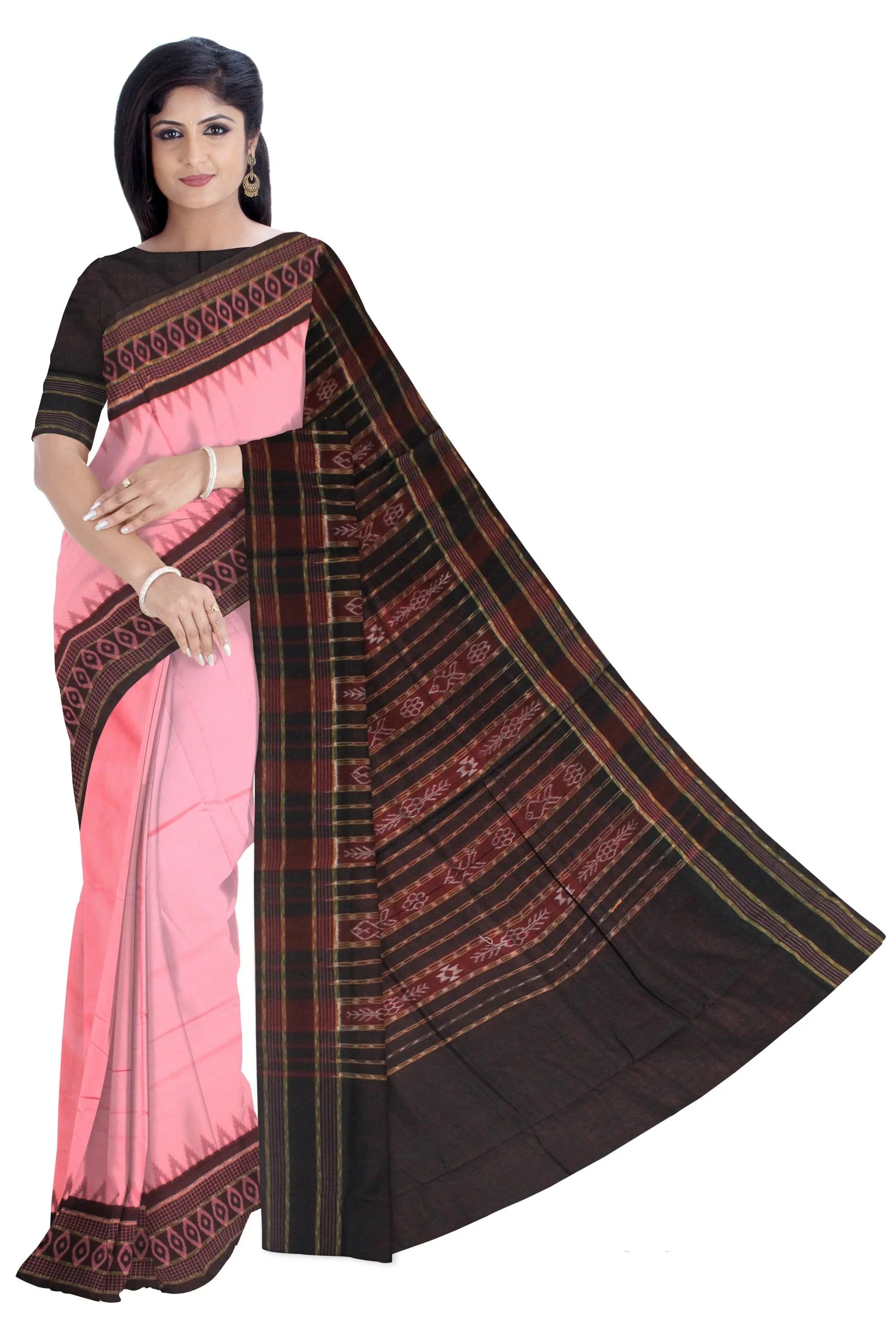 Sambalpuri cotton saree in pink and black color. - Koshali Arts & Crafts Enterprise