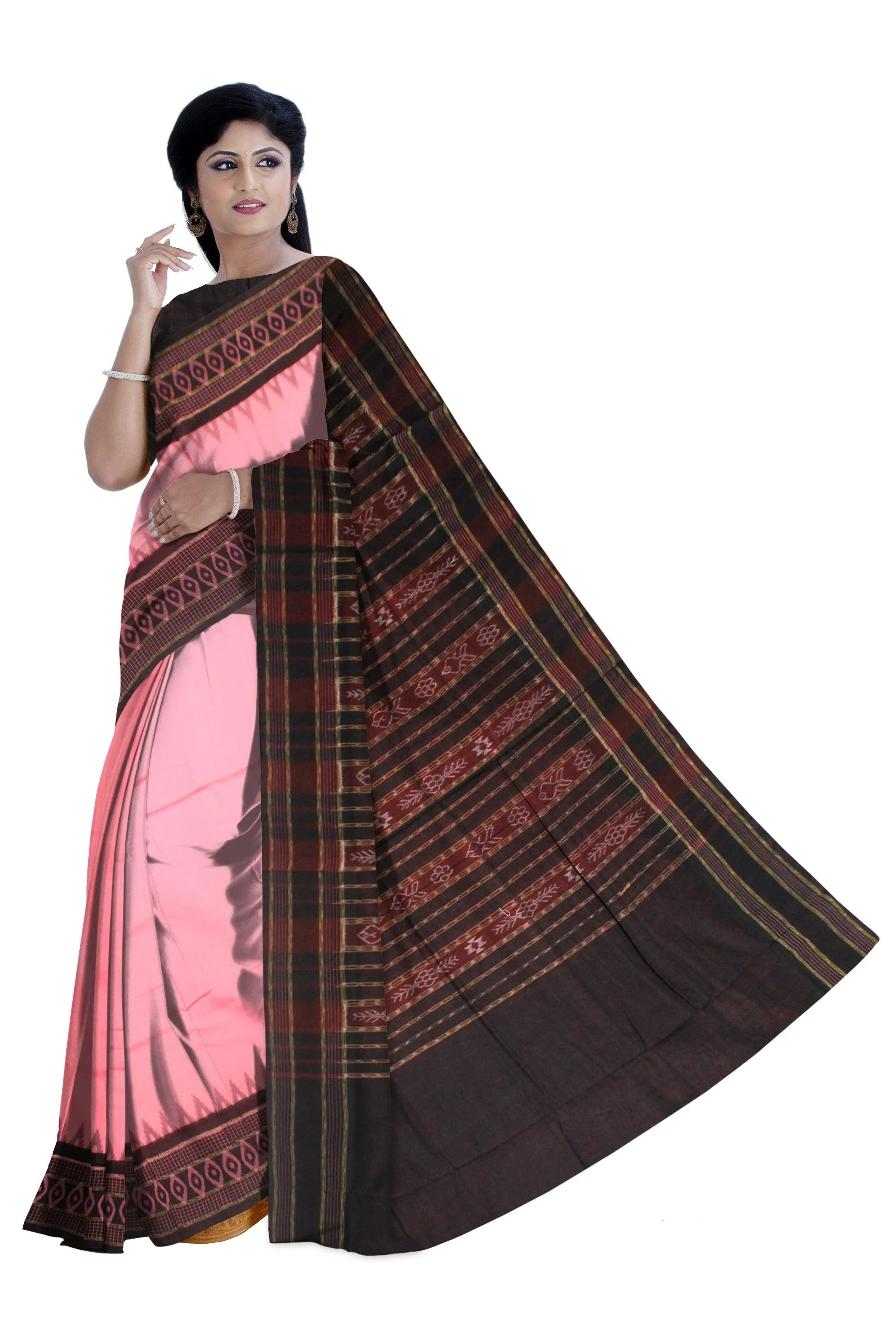 Sambalpuri cotton saree in pink and black color. - Koshali Arts & Crafts Enterprise