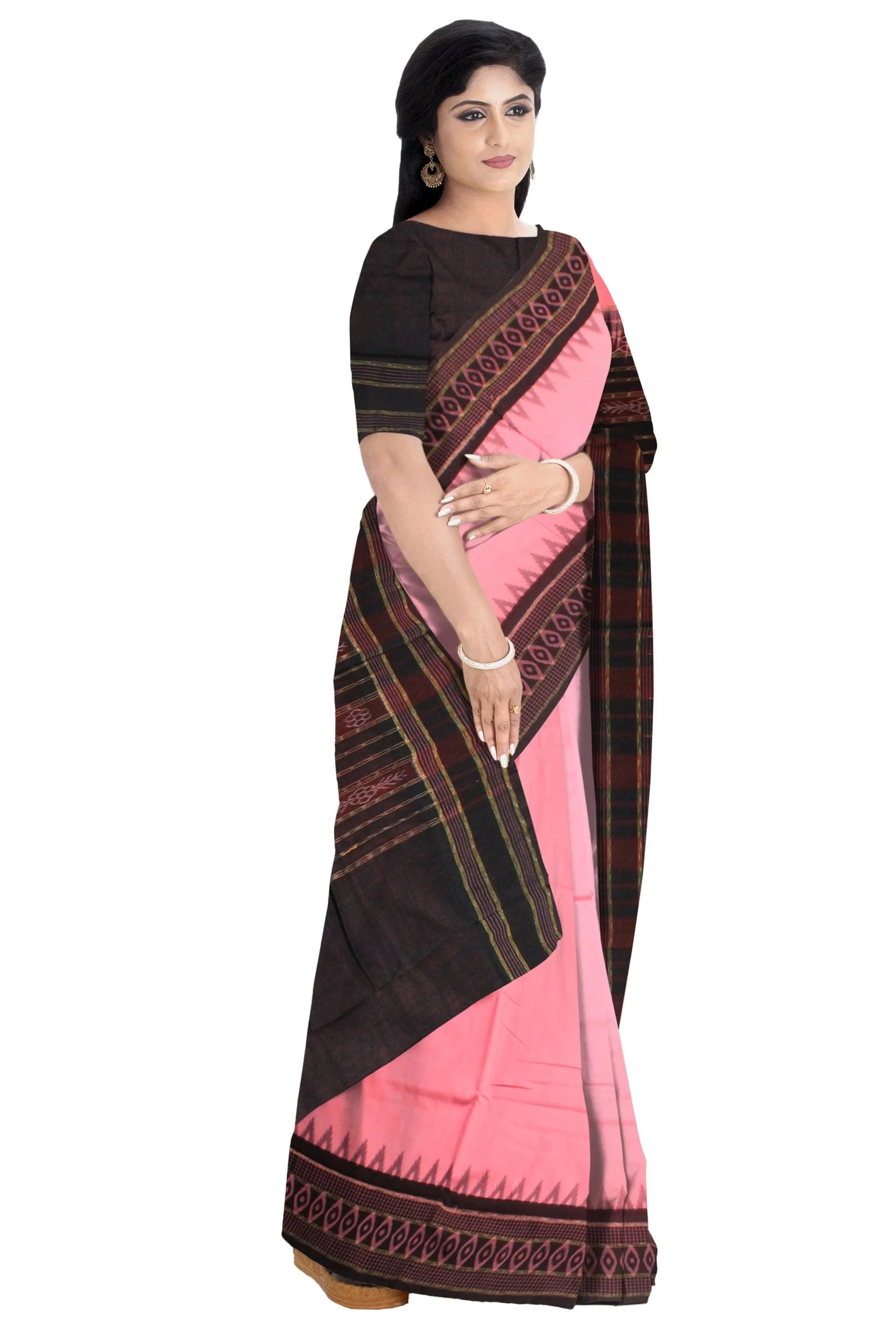 Sambalpuri cotton saree in pink and black color. - Koshali Arts & Crafts Enterprise