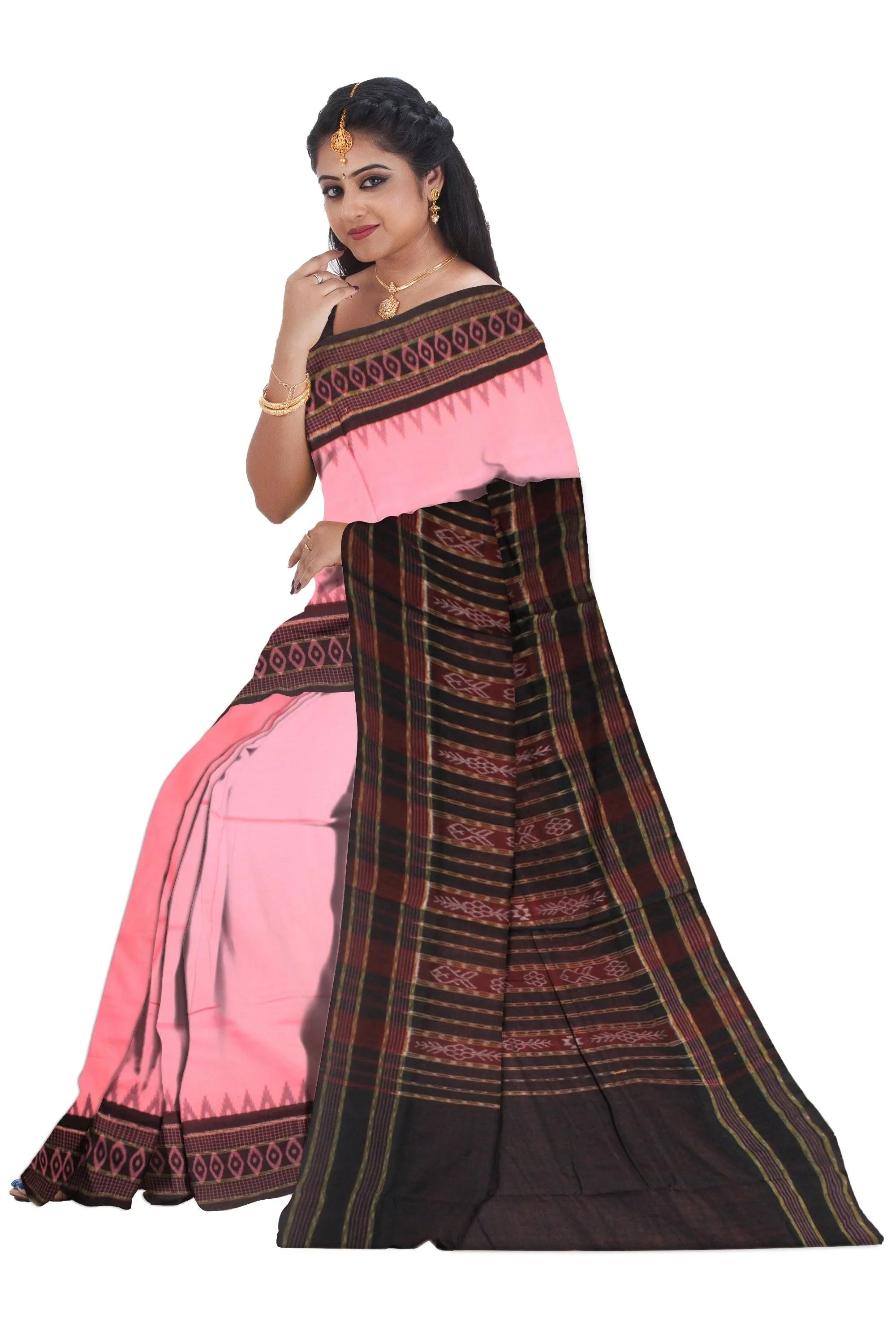 Sambalpuri cotton saree in pink and black color. - Koshali Arts & Crafts Enterprise