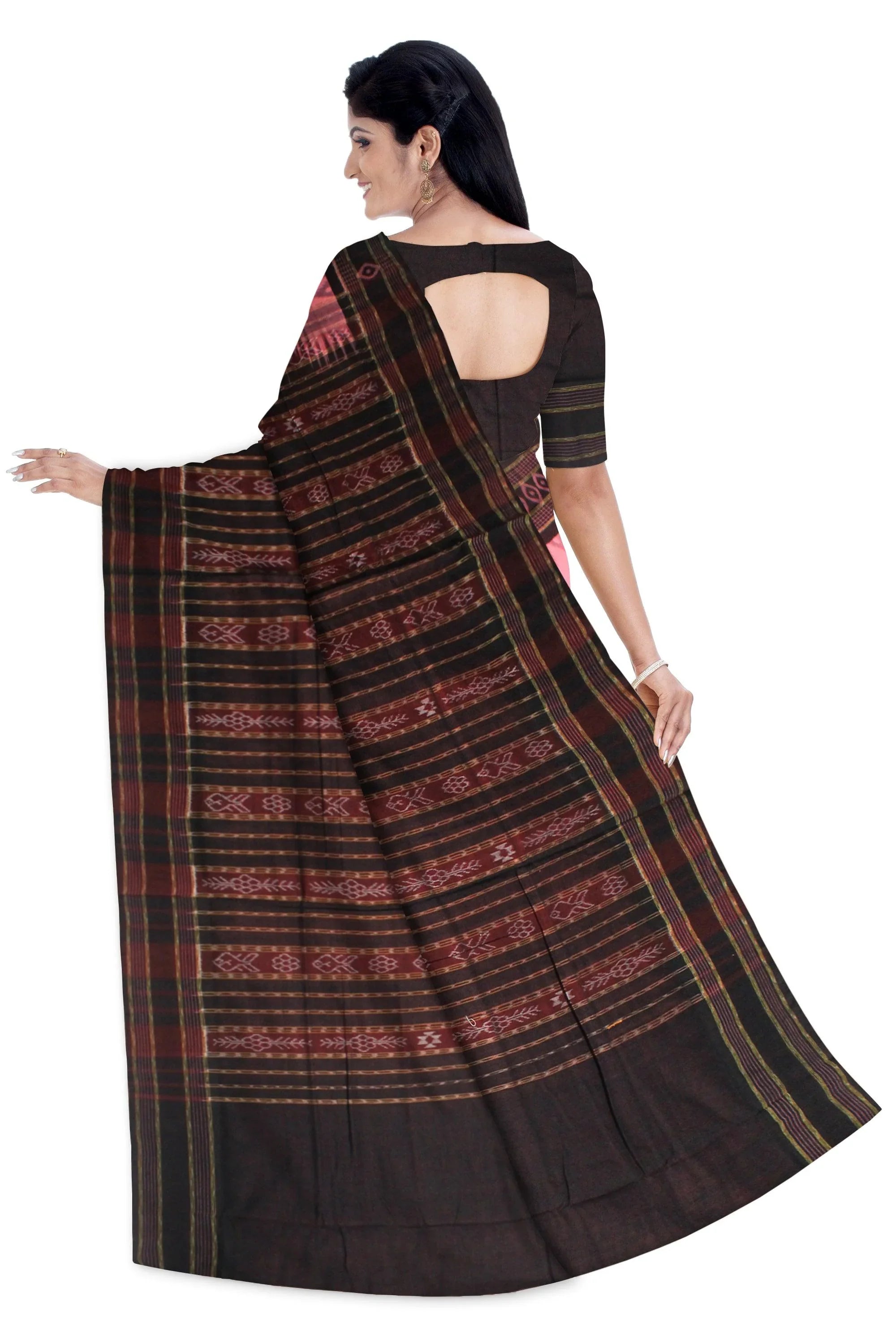 Sambalpuri cotton saree in pink and black color. - Koshali Arts & Crafts Enterprise