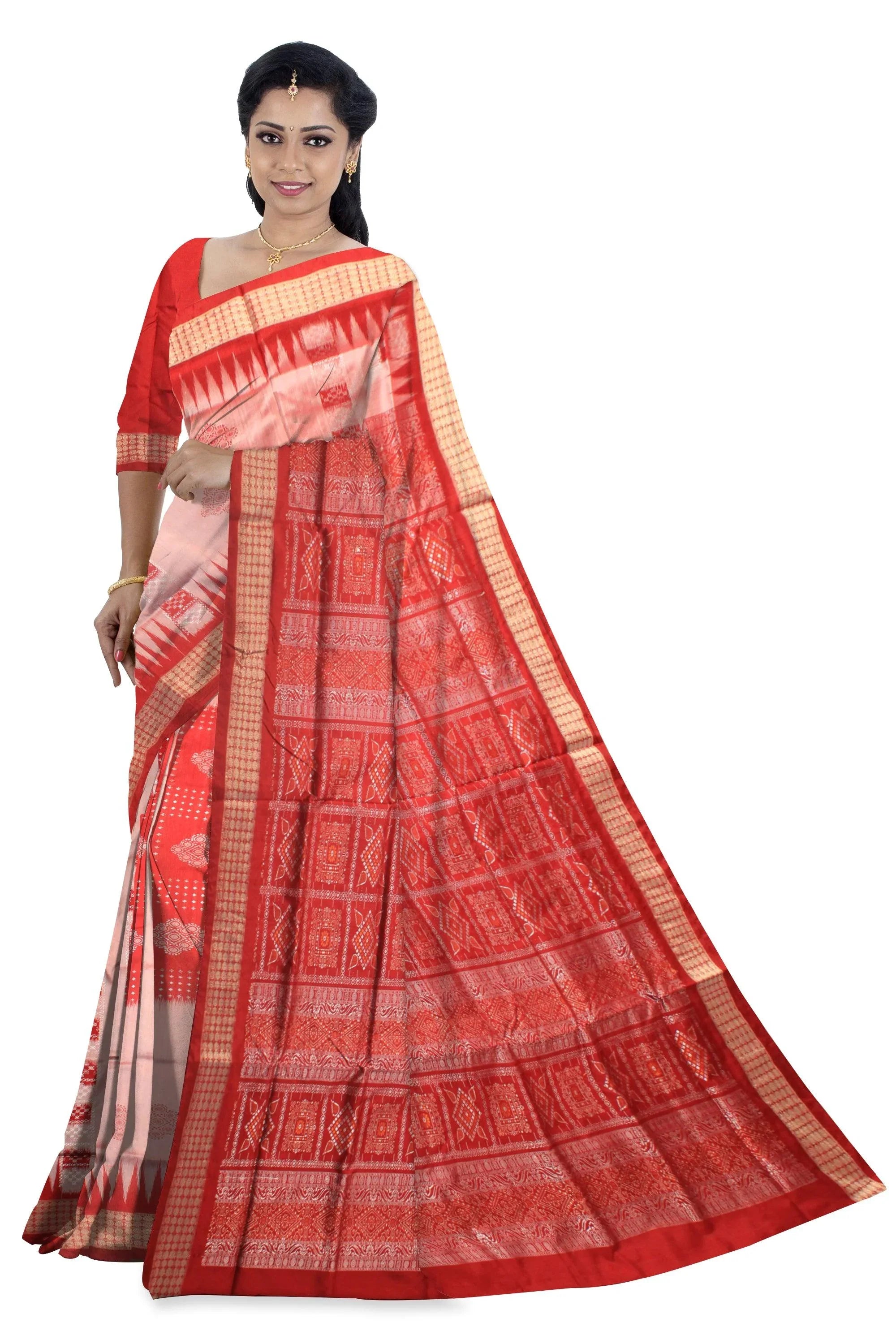 SAMBALPURI PATA IN RED AND SILVER COLOR , CHANDUA PATA WITH BLOUSE PIECE. - Koshali Arts & Crafts Enterprise
