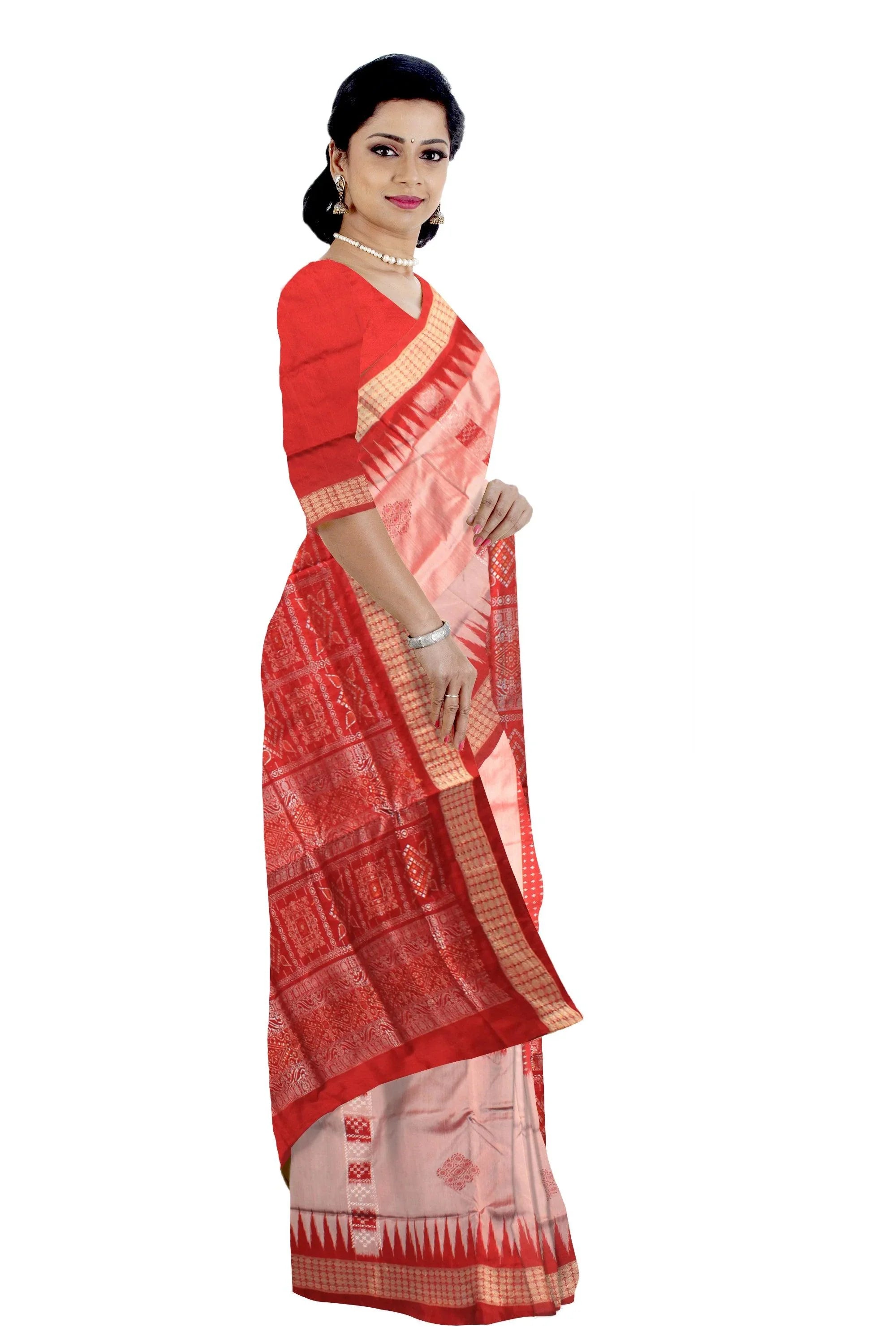 SAMBALPURI PATA IN RED AND SILVER COLOR , CHANDUA PATA WITH BLOUSE PIECE. - Koshali Arts & Crafts Enterprise