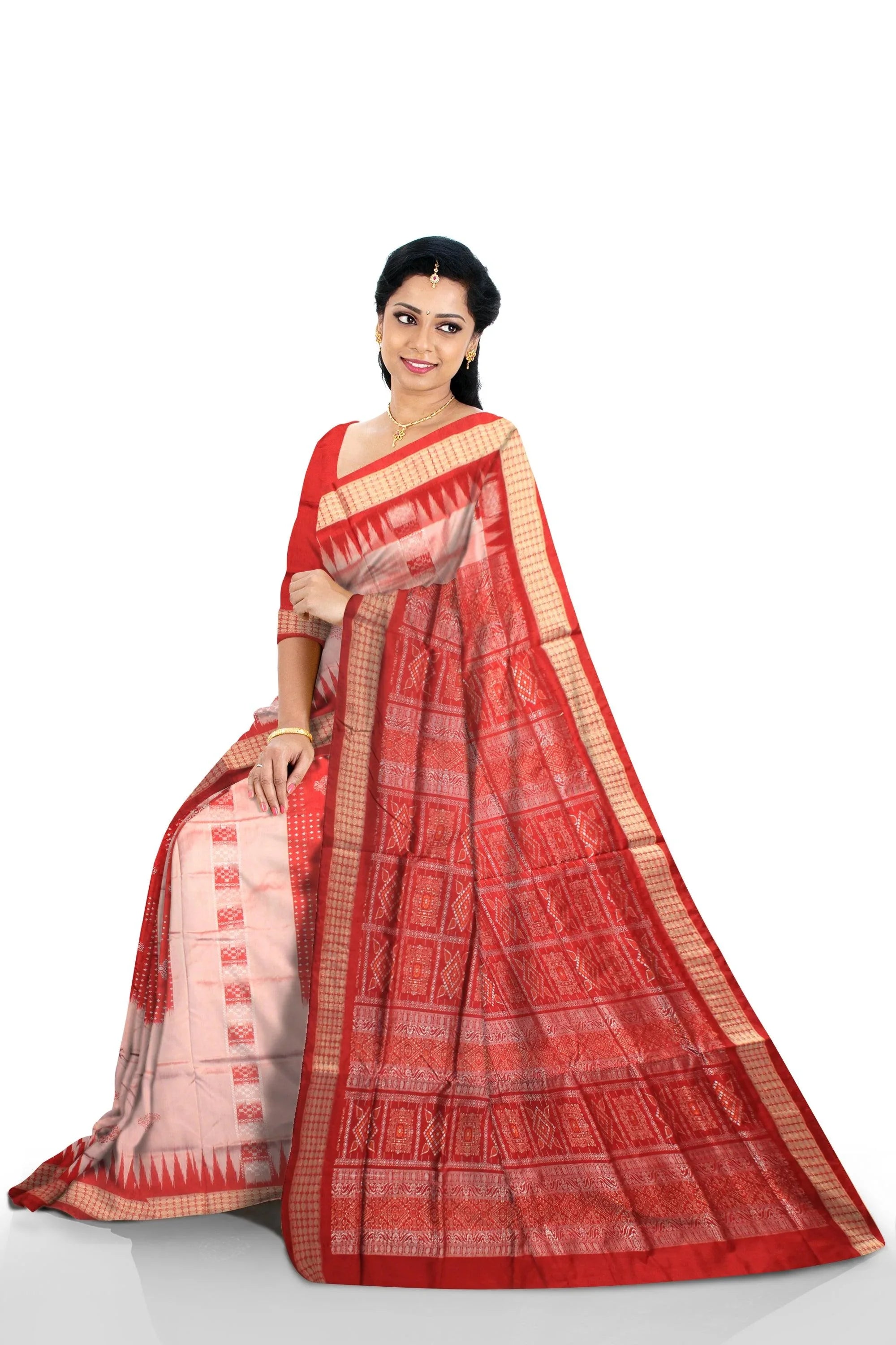 SAMBALPURI PATA IN RED AND SILVER COLOR , CHANDUA PATA WITH BLOUSE PIECE. - Koshali Arts & Crafts Enterprise