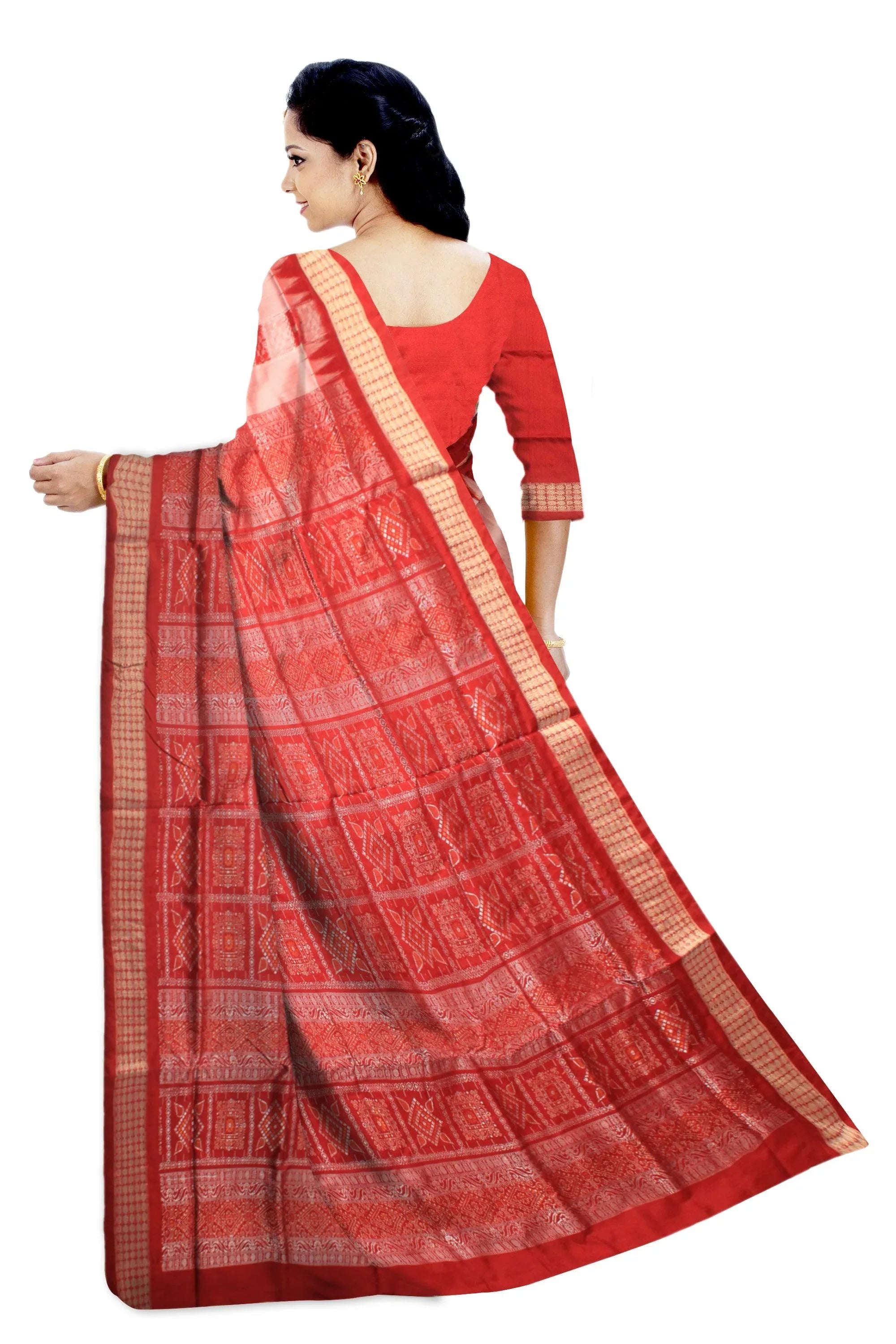 SAMBALPURI PATA IN RED AND SILVER COLOR , CHANDUA PATA WITH BLOUSE PIECE. - Koshali Arts & Crafts Enterprise