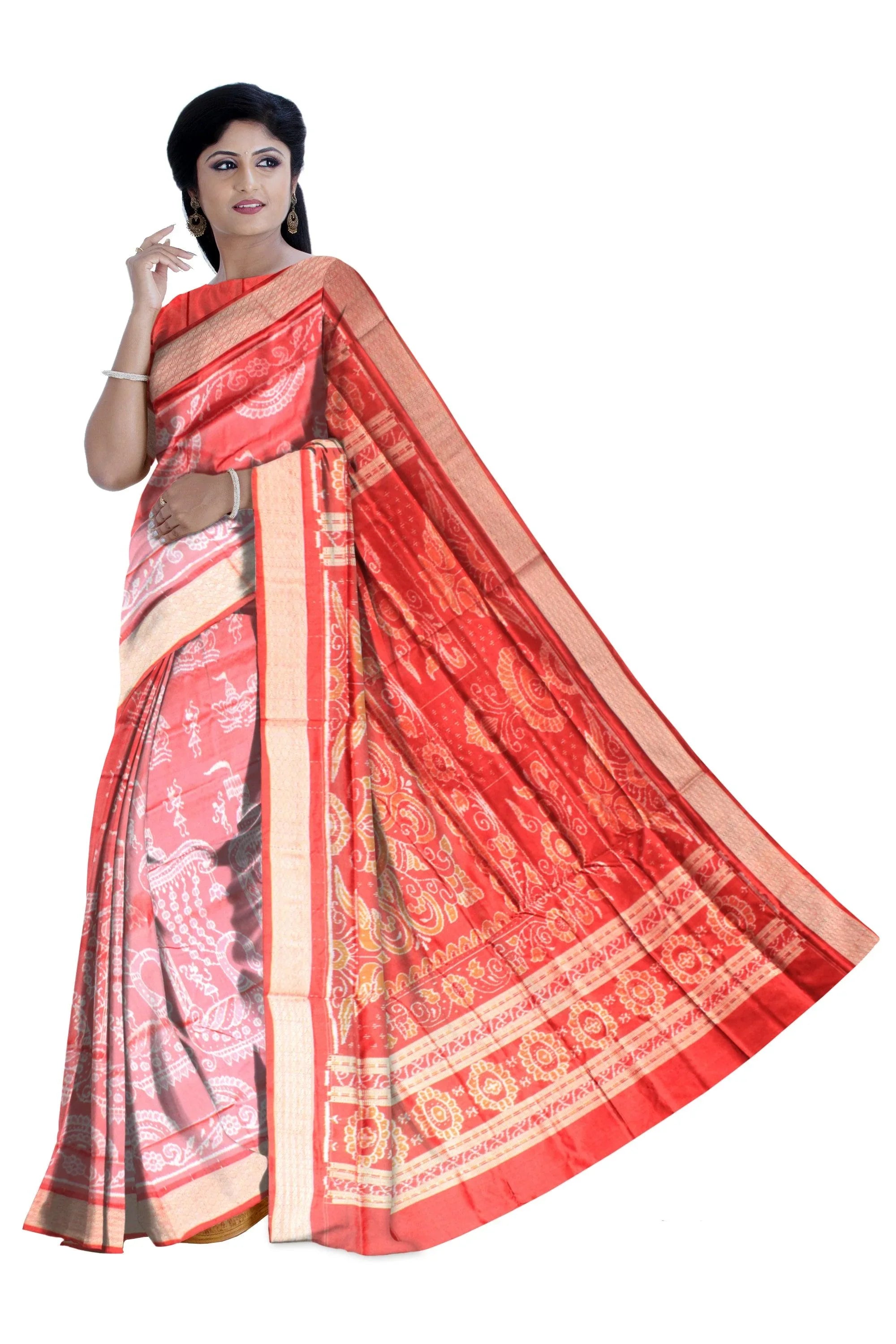 Authentic pata saree in peacock design with red and pink color with blouse piece. - Koshali Arts & Crafts Enterprise