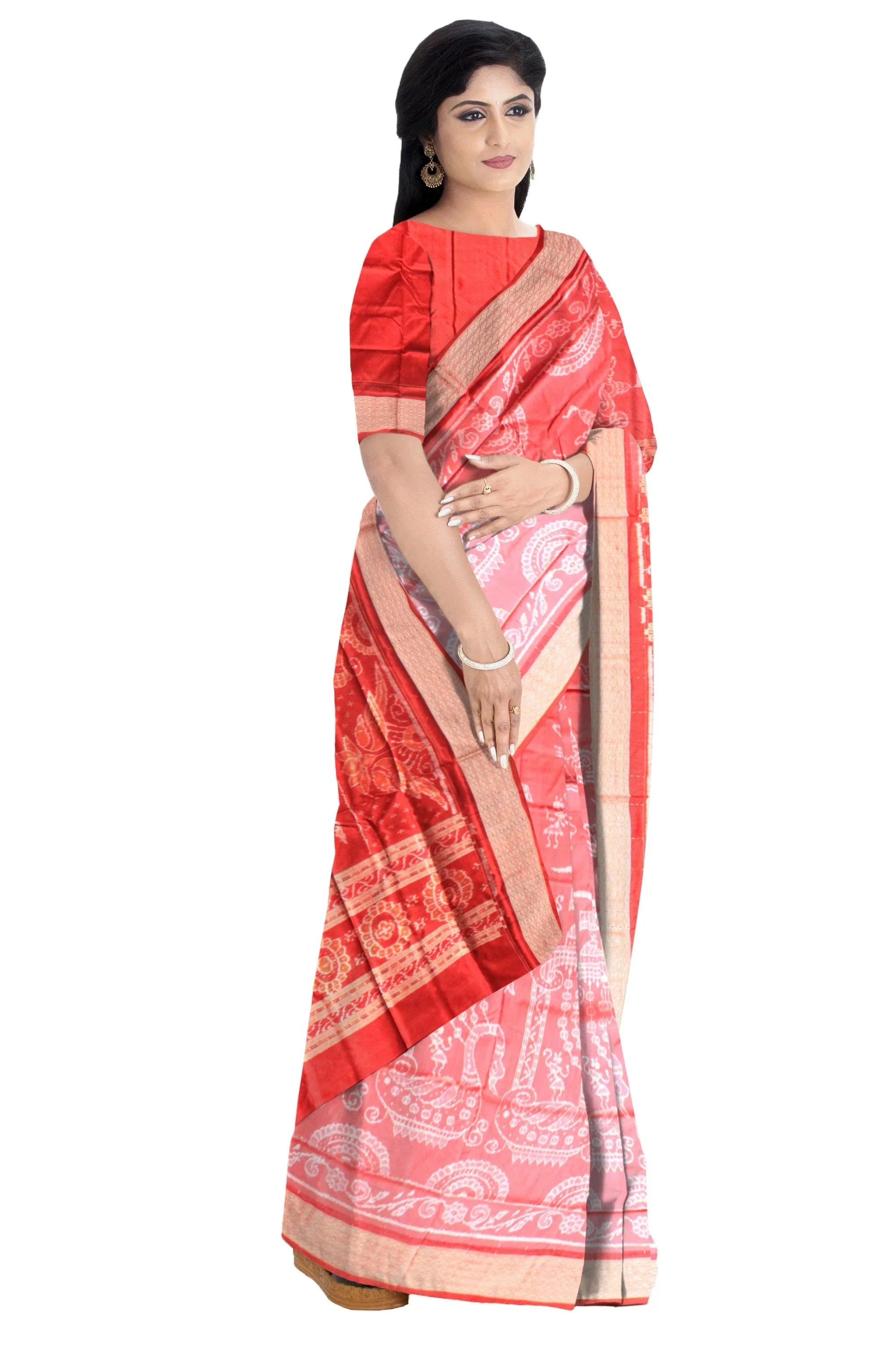 Authentic pata saree in peacock design with red and pink color with blouse piece. - Koshali Arts & Crafts Enterprise