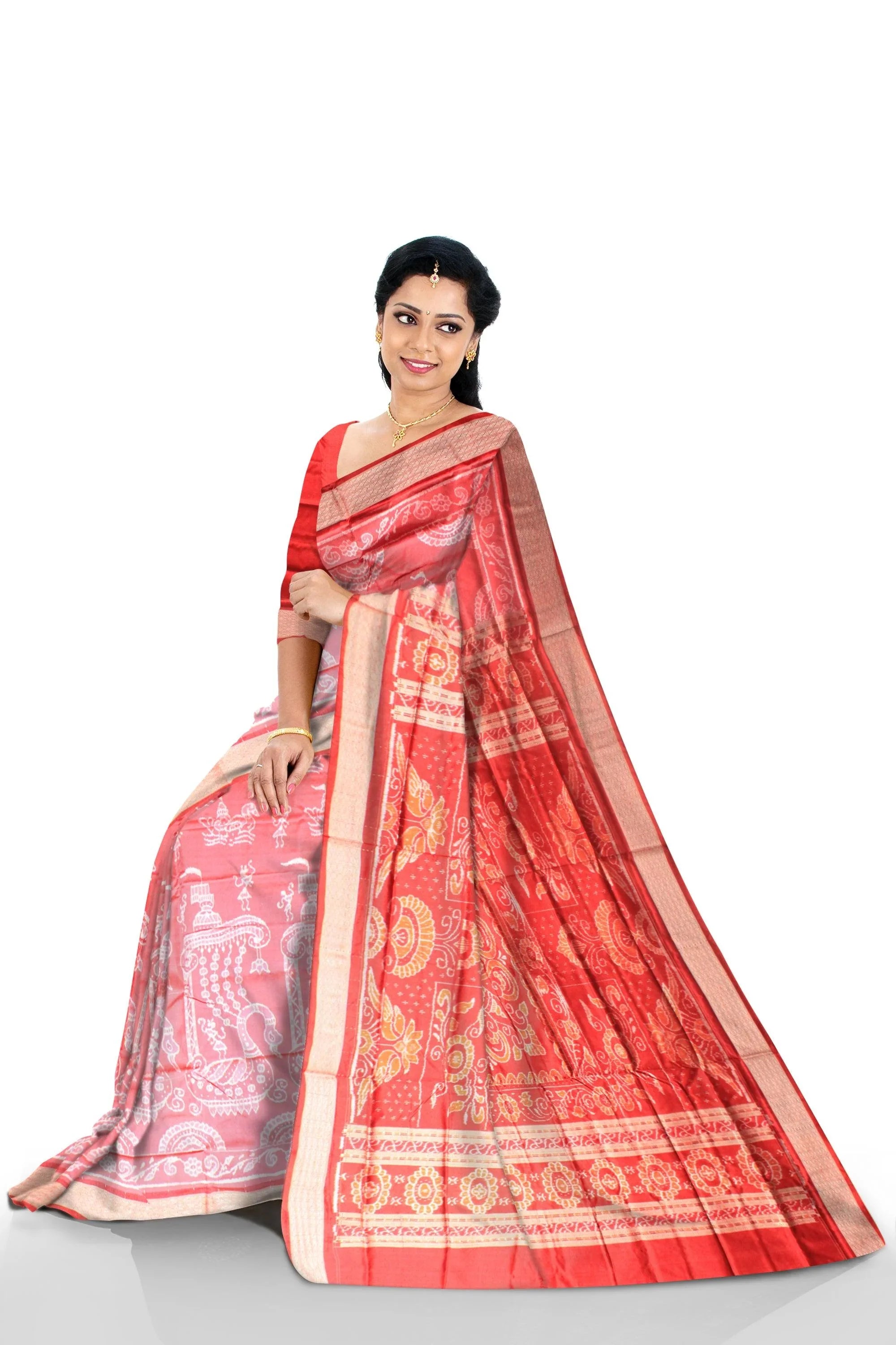 Authentic pata saree in peacock design with red and pink color with blouse piece. - Koshali Arts & Crafts Enterprise