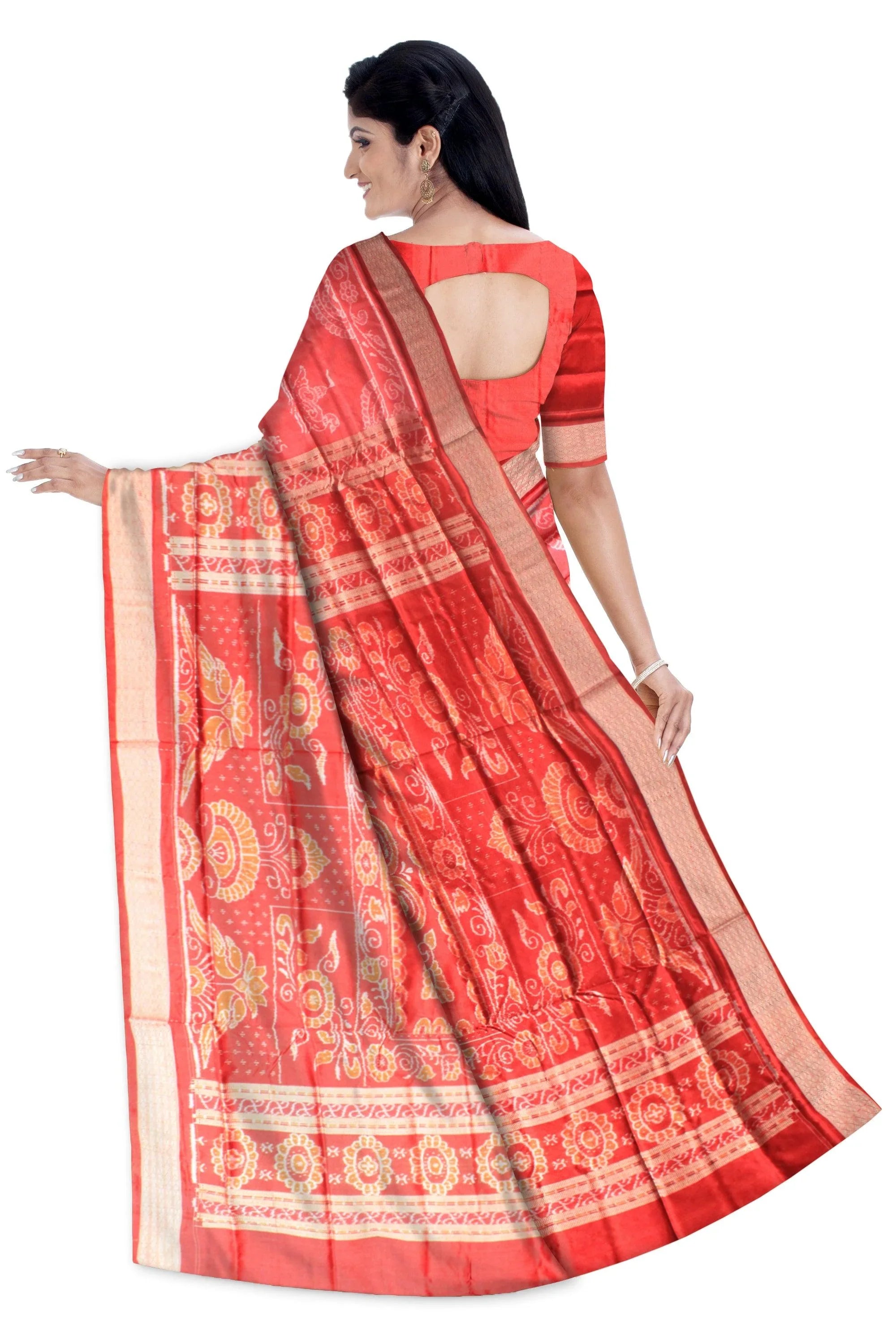 Authentic pata saree in peacock design with red and pink color with blouse piece. - Koshali Arts & Crafts Enterprise