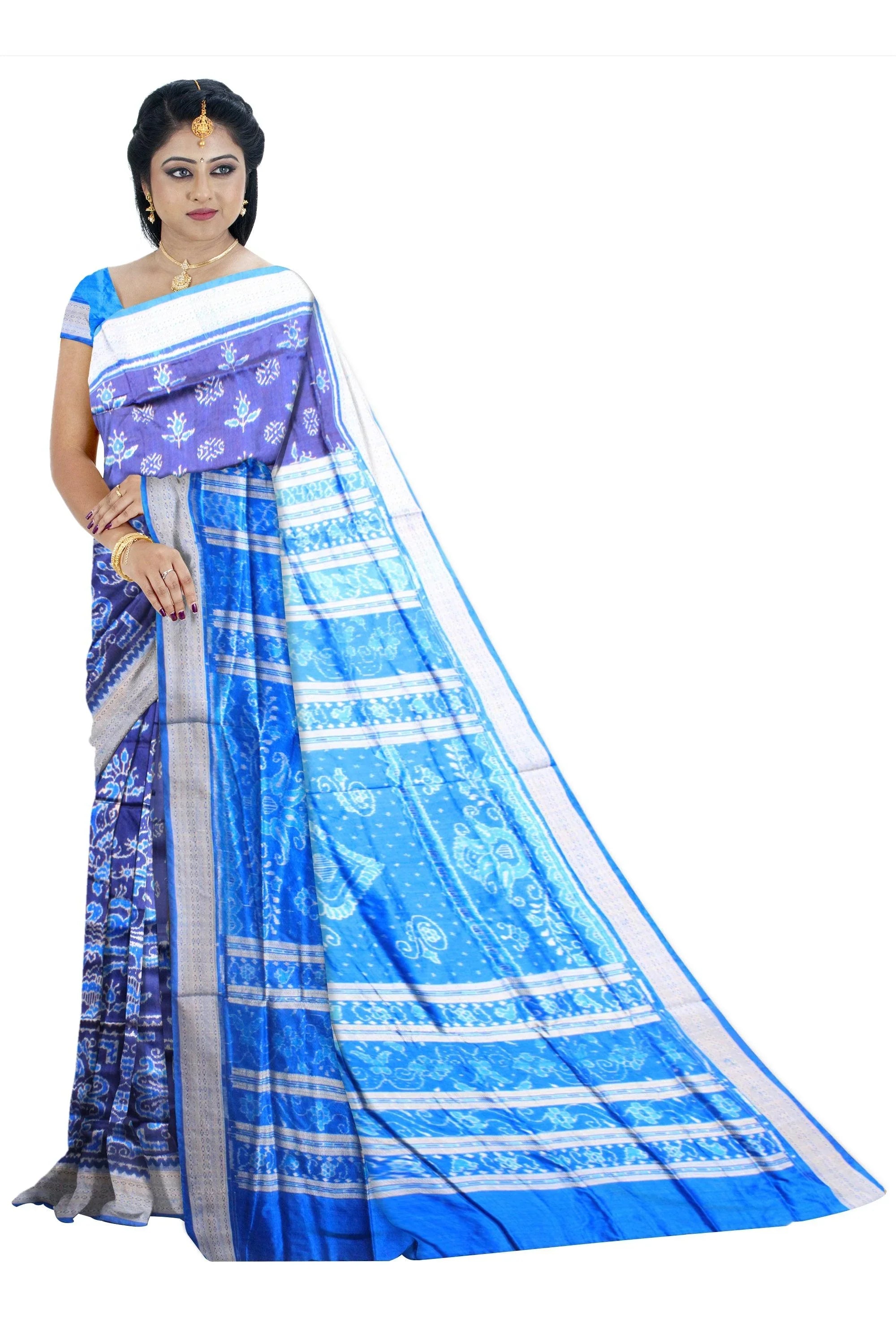 Mayuri print sambalpuri pata saree in blue and sky color with blouse piece. - Koshali Arts & Crafts Enterprise