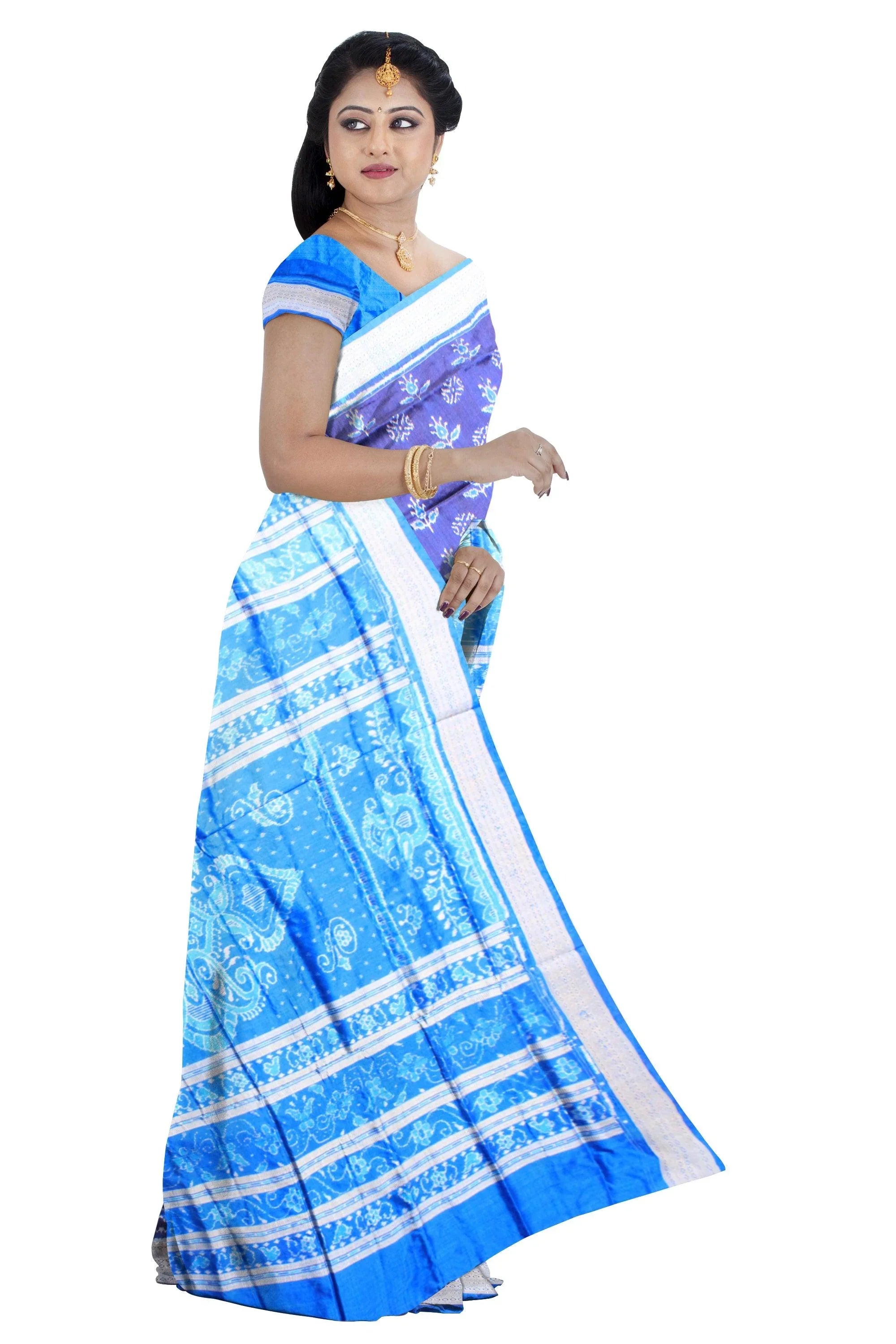 Mayuri print sambalpuri pata saree in blue and sky color with blouse piece. - Koshali Arts & Crafts Enterprise