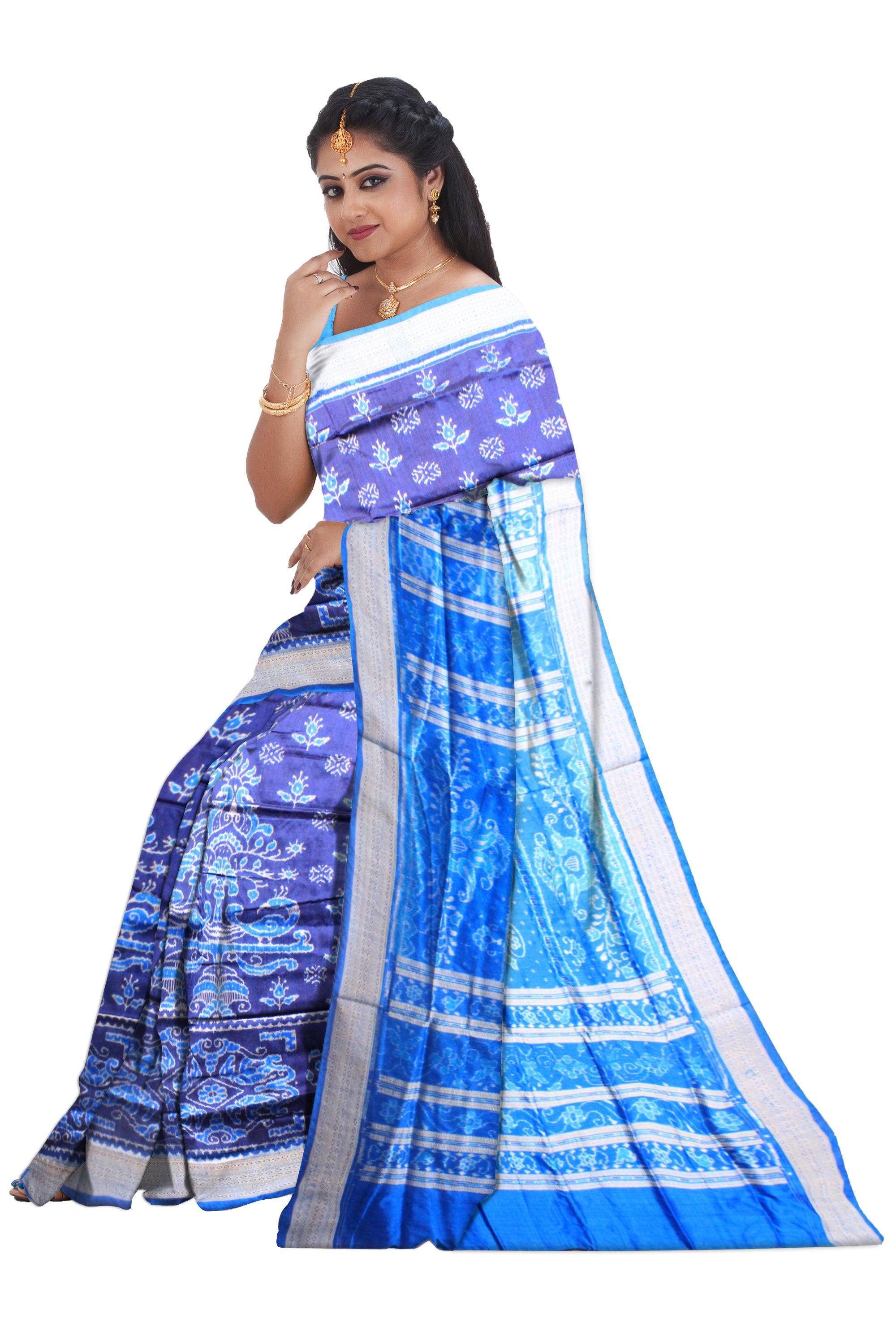 Mayuri print sambalpuri pata saree in blue and sky color with blouse piece. - Koshali Arts & Crafts Enterprise