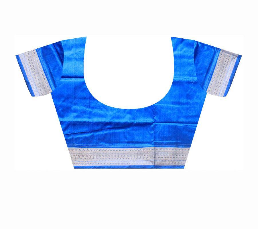 Mayuri print sambalpuri pata saree in blue and sky color with blouse piece. - Koshali Arts & Crafts Enterprise