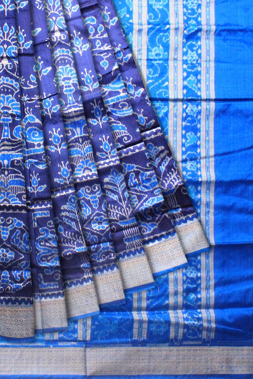 Mayuri print sambalpuri pata saree in blue and sky color with blouse piece. - Koshali Arts & Crafts Enterprise