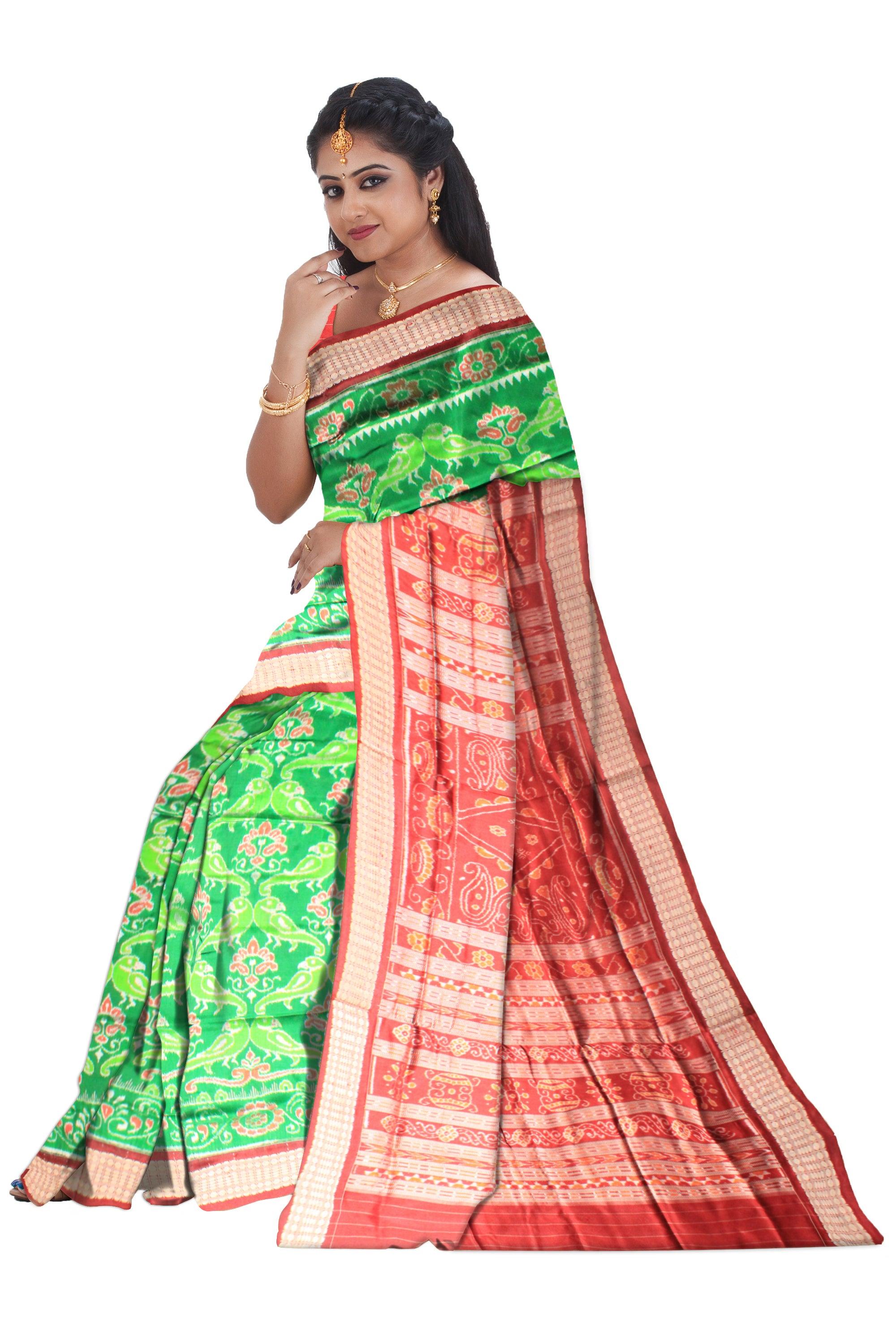 LATEST GREEN COLOR PARROT DESIGN SONEPUR PATA SAREE IN PURE SILK - Koshali Arts & Crafts Enterprise